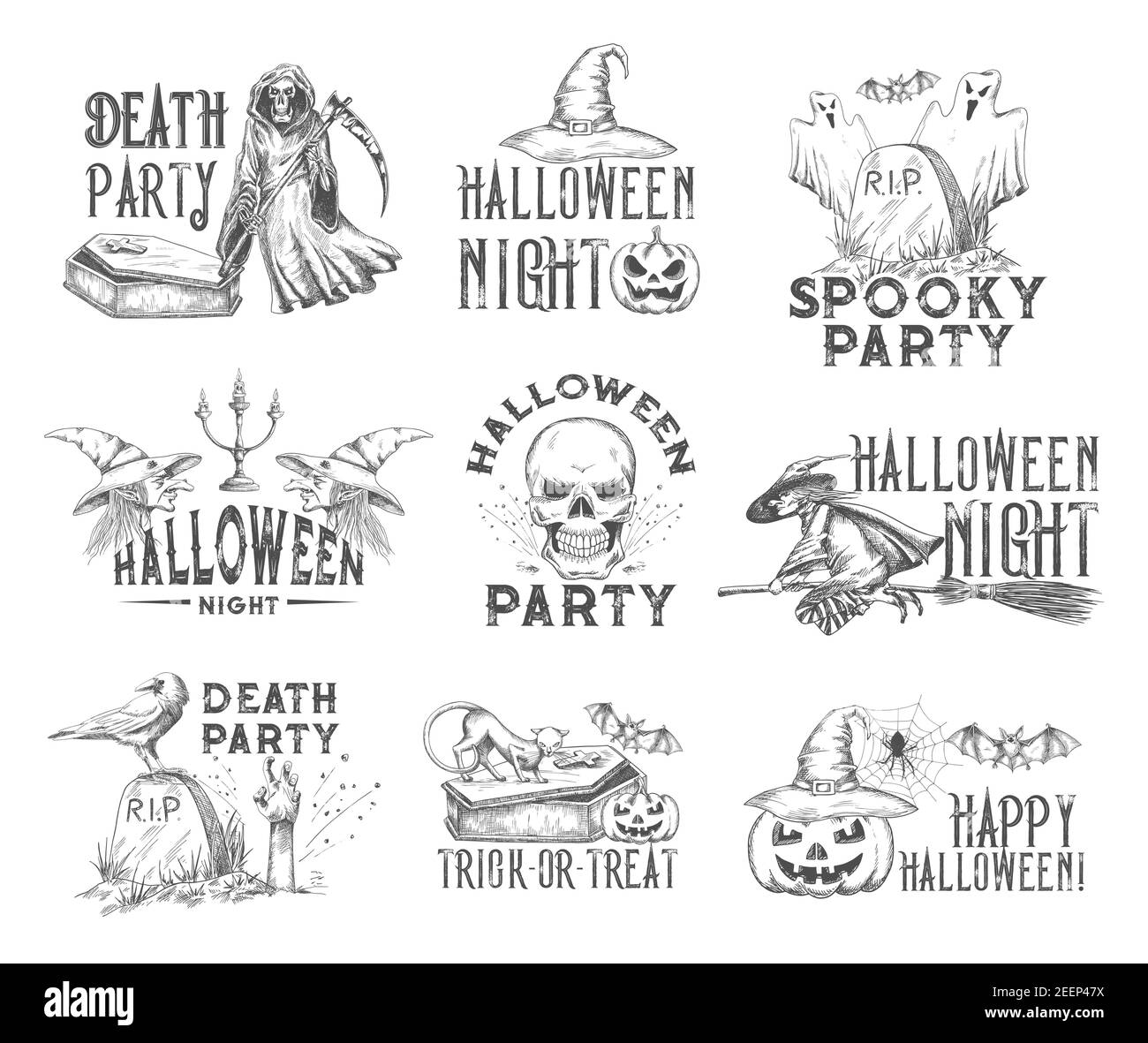 Set di icone per il party natalizio di Halloween. Fantasma, lanterna di zucca, pipistrello e strega, teschio scheletro spooky, tomba cimitero con la mano zombie, bara e gatto Illustrazione Vettoriale