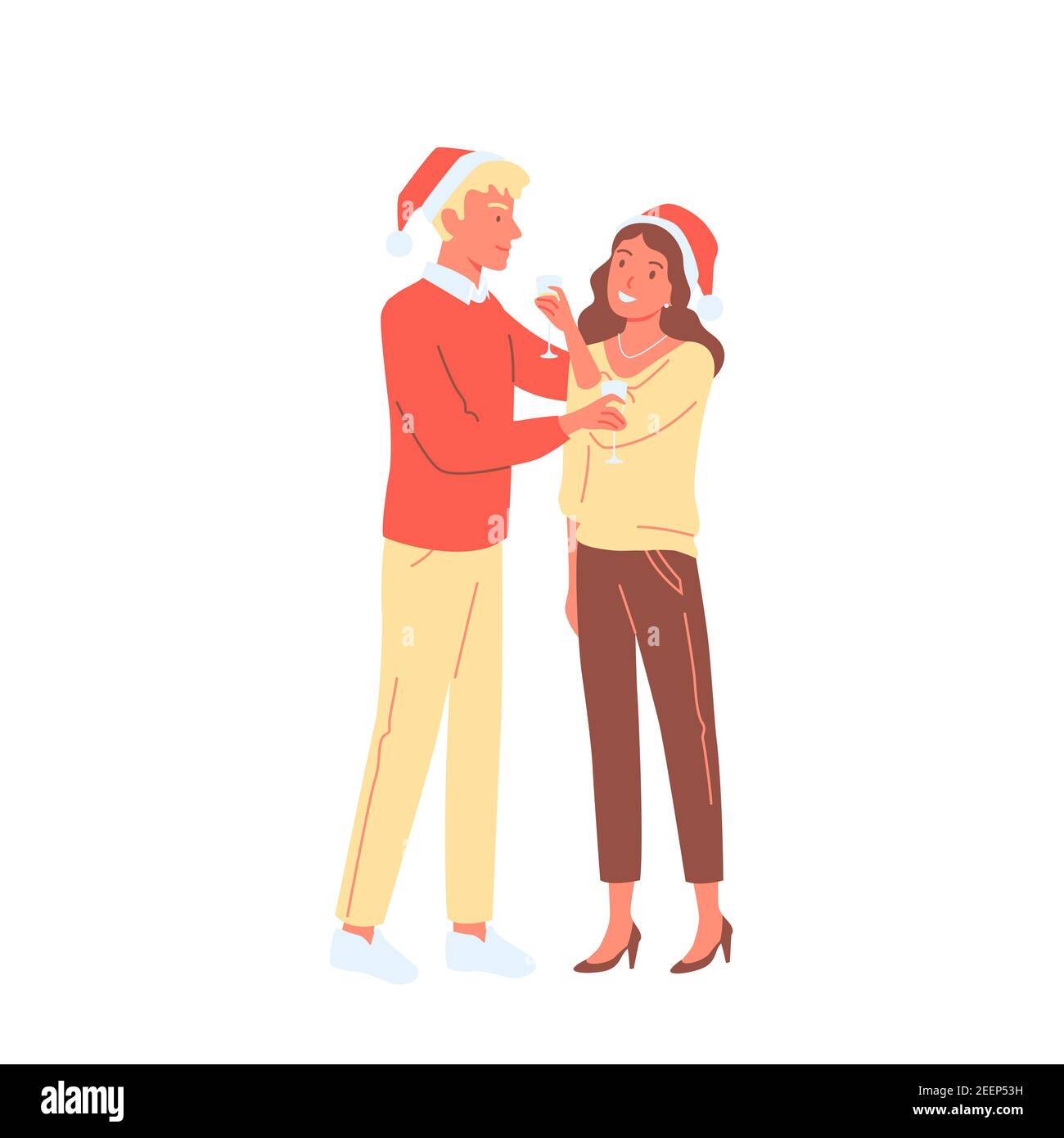 La gente celebra la festa di Capodanno, giovane coppia felice a Santa Hat che festeggia festa di divertimento Illustrazione Vettoriale