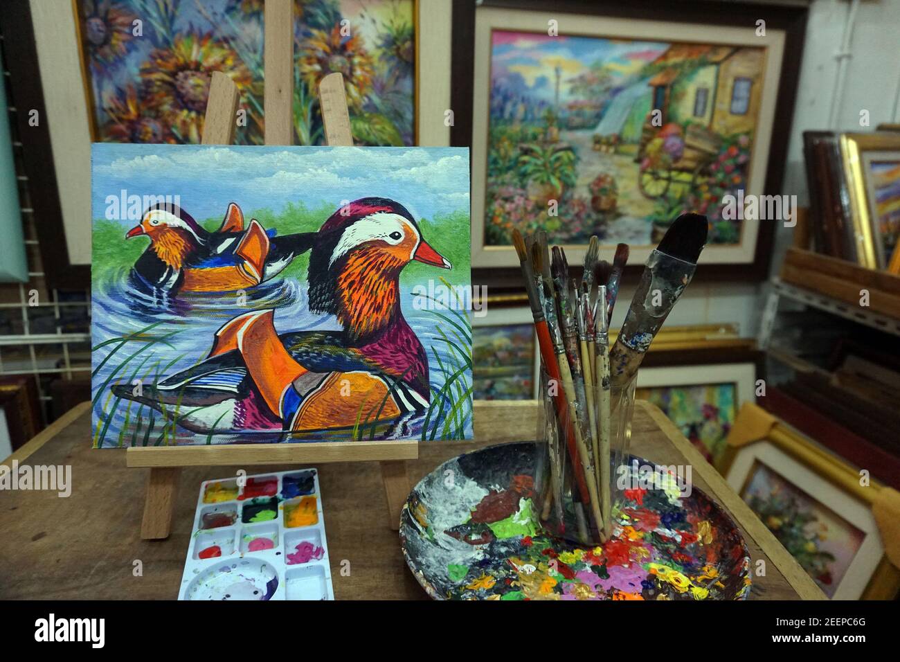 Olio, colore, palette, pennello, Arte, pittura, acrilico, colore, anatra mandarino Foto Stock