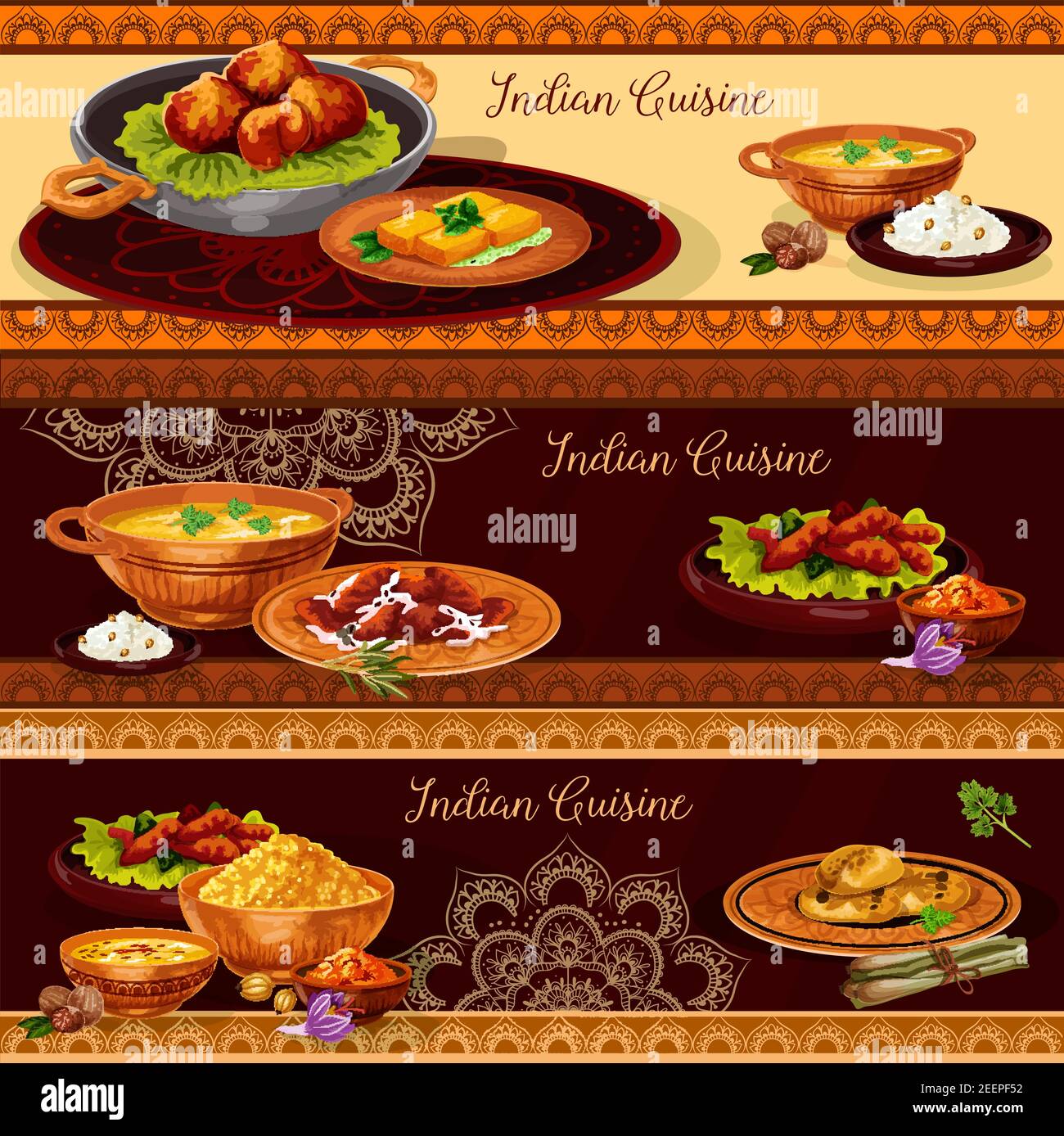 Set banner ristorante di cucina indiana. Curry di riso vegetale con pollo e pesce, zuppa di gamberi di mare, carne di maiale pilau, formaggio feta fritto, mais di lenticchie Illustrazione Vettoriale