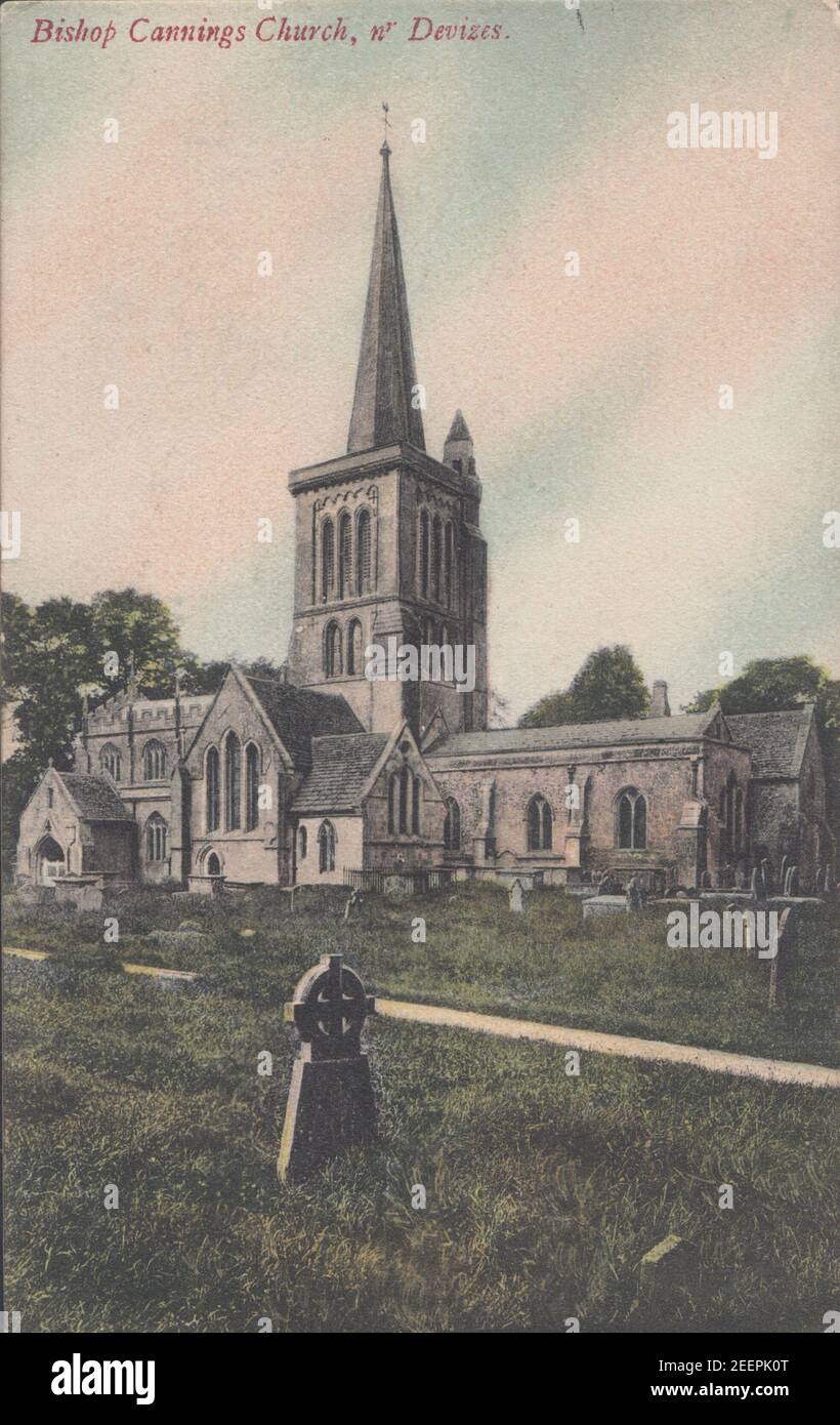 Vintage 1906 Edwardian stampato cartolina di Bishop Cannings Church, vicino Devizes, Wiltshire, Inghilterra. Foto Stock