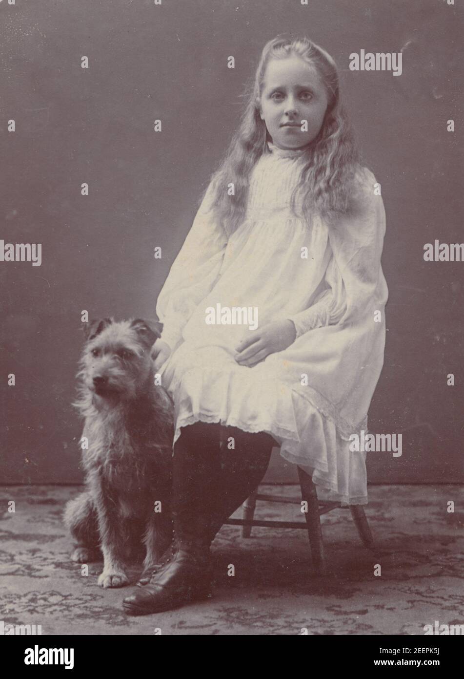 Cartolina fotografica edoardiana vintage 1906 di una giovane ragazza Sat con il suo cane da compagnia chiamato Joe. Foto Stock