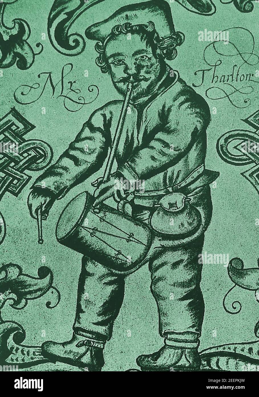 Un vecchio ritratto illustrativo di Richard Tarlton (tarelton o Tharlton) circa 1540-1588, che era uno dei più famosi comici musicali, playwrights, cantanti, ballerini e scrittori del suo tempo (periodo elisabettiano). È visto qui con il suo tubo, tabour e tamburo. Nel 1583, viene menzionato come uno dei membri originali della Regina uomini (la Regina Elisabetta ha mantenuto gli intrattenitori), spesso giocando al Teatro della Cortina. Era conosciuto per improvvisare il doggerello su argomenti suggeriti dal suo pubblico, tanto che il doggerello improvvisato o le rime divennero noti come Tarltons. Foto Stock