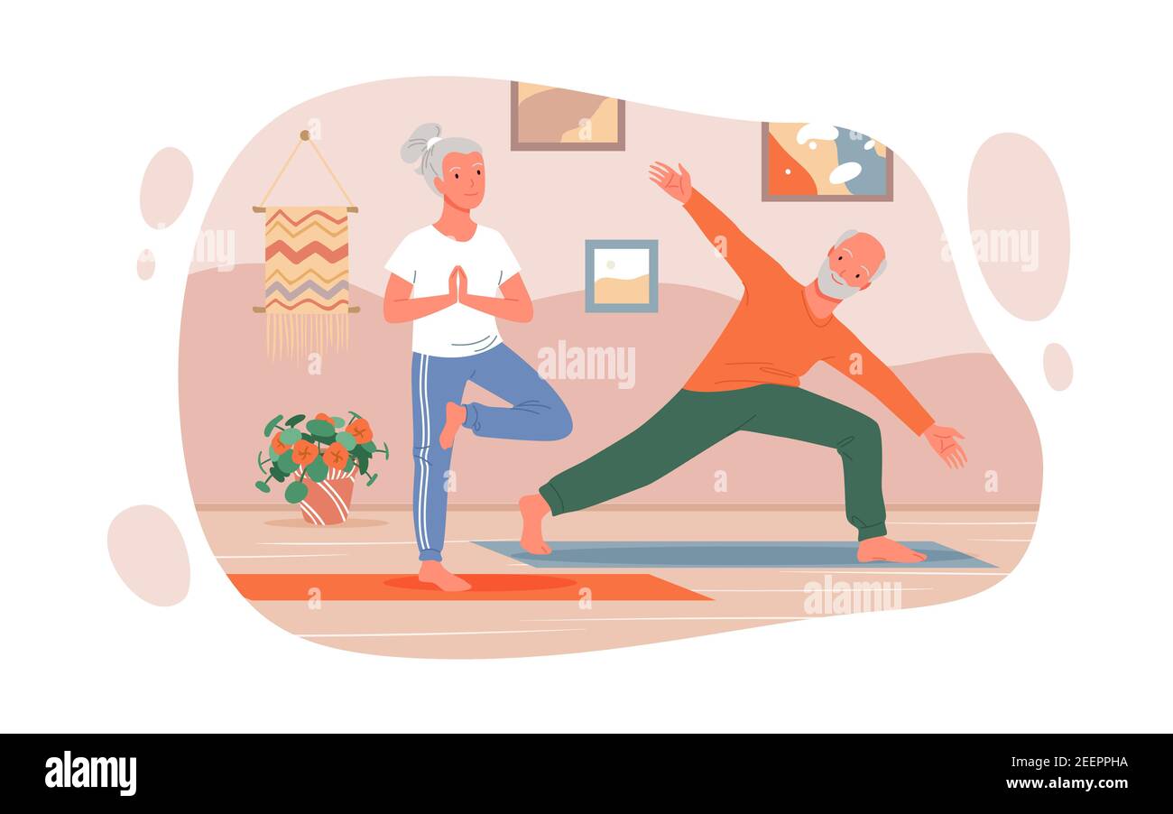 Le coppie anziane fanno esercizi di yoga, allungandosi sull'allenamento di fitness sportivo a casa Illustrazione Vettoriale