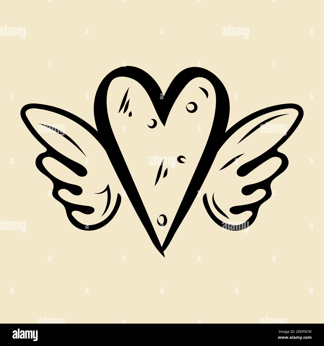 Icona del cuore con le ali d'angelo, inchiostro disegnato a mano, concetto d'amore Illustrazione Vettoriale