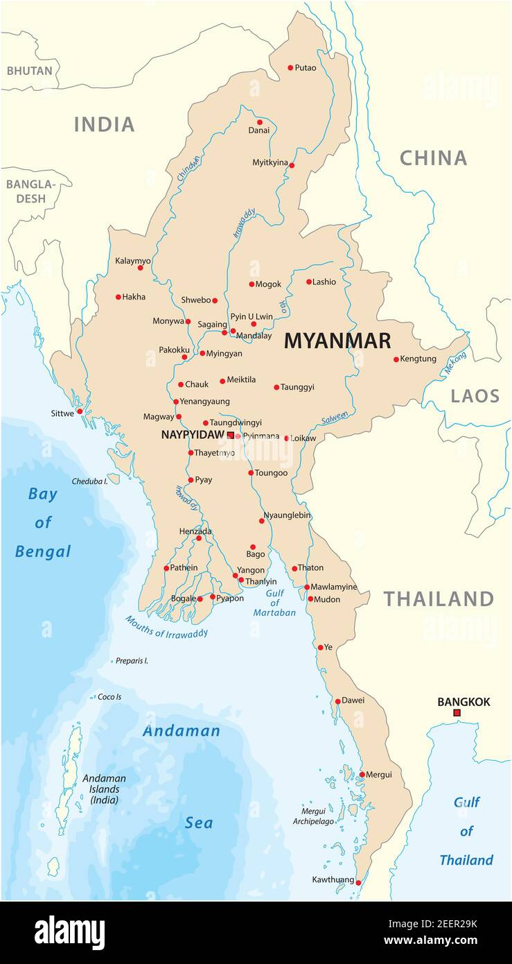 Repubblica dell'Unione di Myanmar mappa vettoriale con maggiore città Illustrazione Vettoriale