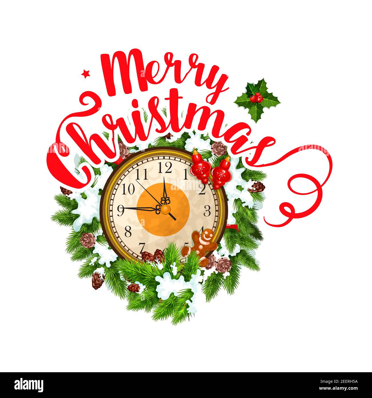 Allegro Natale biglietto di auguri modello di orologio Natale icona e regali. Nastro vettoriale isolato con decorazione neve o fiocchi di neve e gin Illustrazione Vettoriale