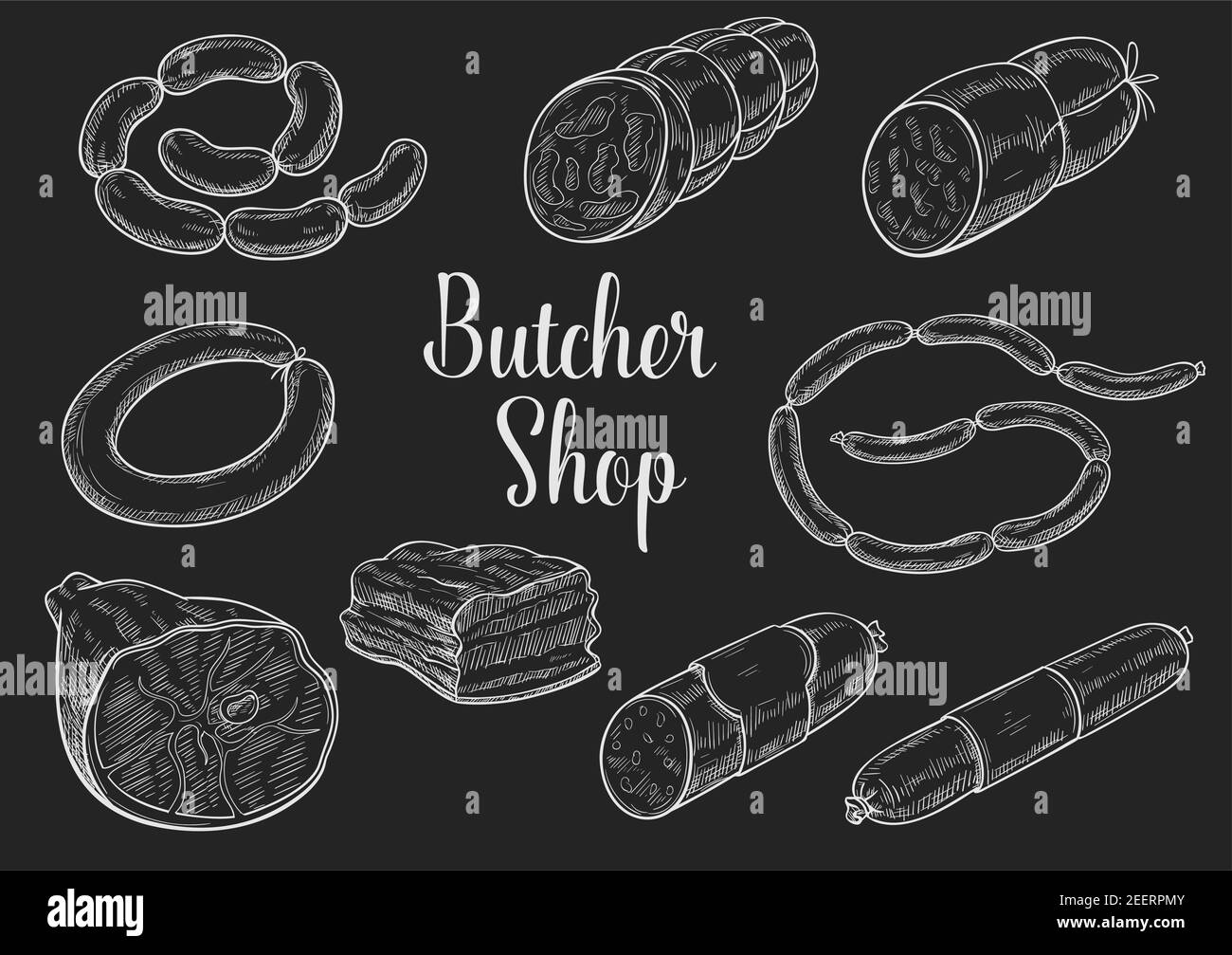 Salsicce di macelleria schizzo di gesso. Icone vettoriali di pancetta o strutto di maiale, prosciutto salame kielbasa e lyon salsiccia bundle o curry wurst. Macellaio o fattoria Illustrazione Vettoriale