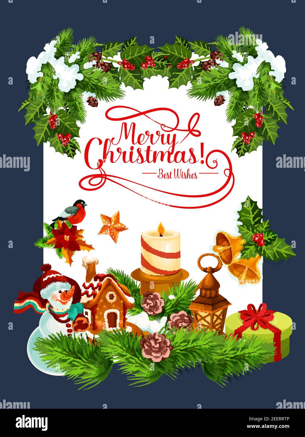 Allegro auguri di Natale biglietto di auguri di decorazione di festa invernale, candele di Natale su pino di Natale o corona di abete. Vettore pupazzo di neve, regali di Capodanno a Illustrazione Vettoriale