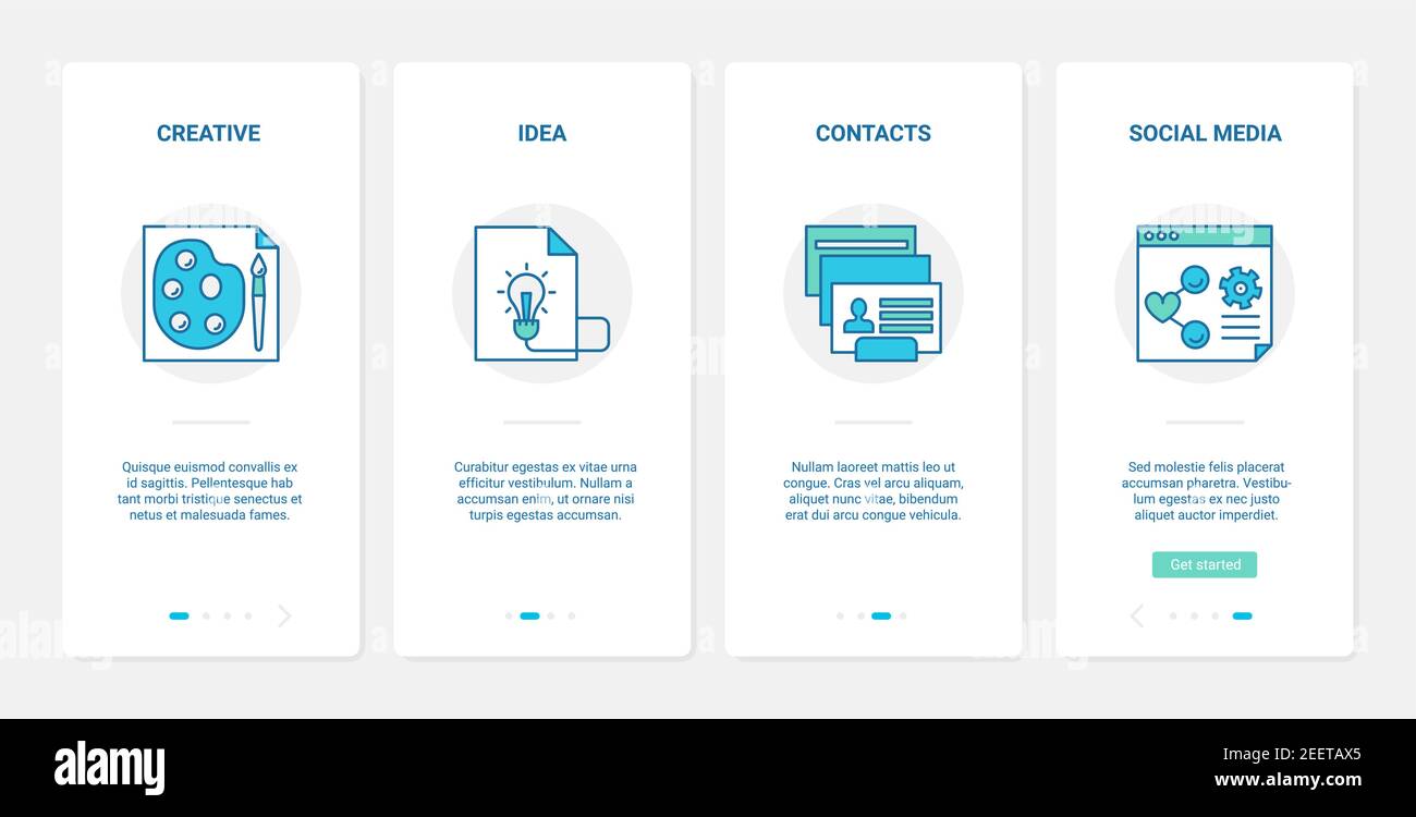 Creazione di progetti aziendali in un'illustrazione vettoriale dei social media. UX, UI onboarding app mobile schermata con idee creative per la gestione dei blog di contenuti, ricerca di contatti del pubblico di destinazione Illustrazione Vettoriale