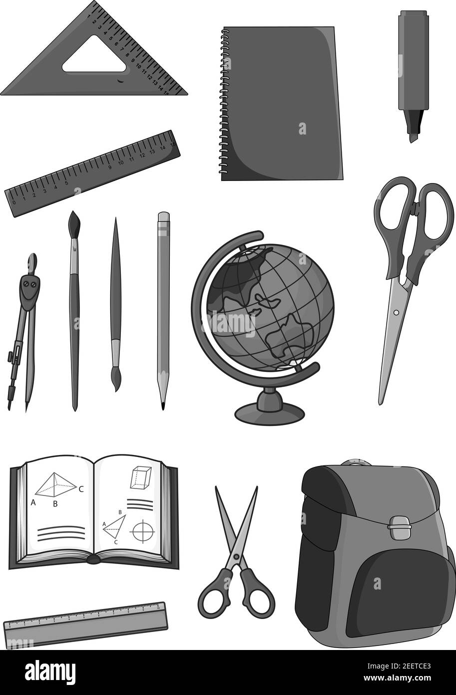 Set di icone di cancelleria per scuole e classi. Simboli vettoriali isolati di righelli e divisori geometrici, forbici e pennelli o evidenziatore p Illustrazione Vettoriale