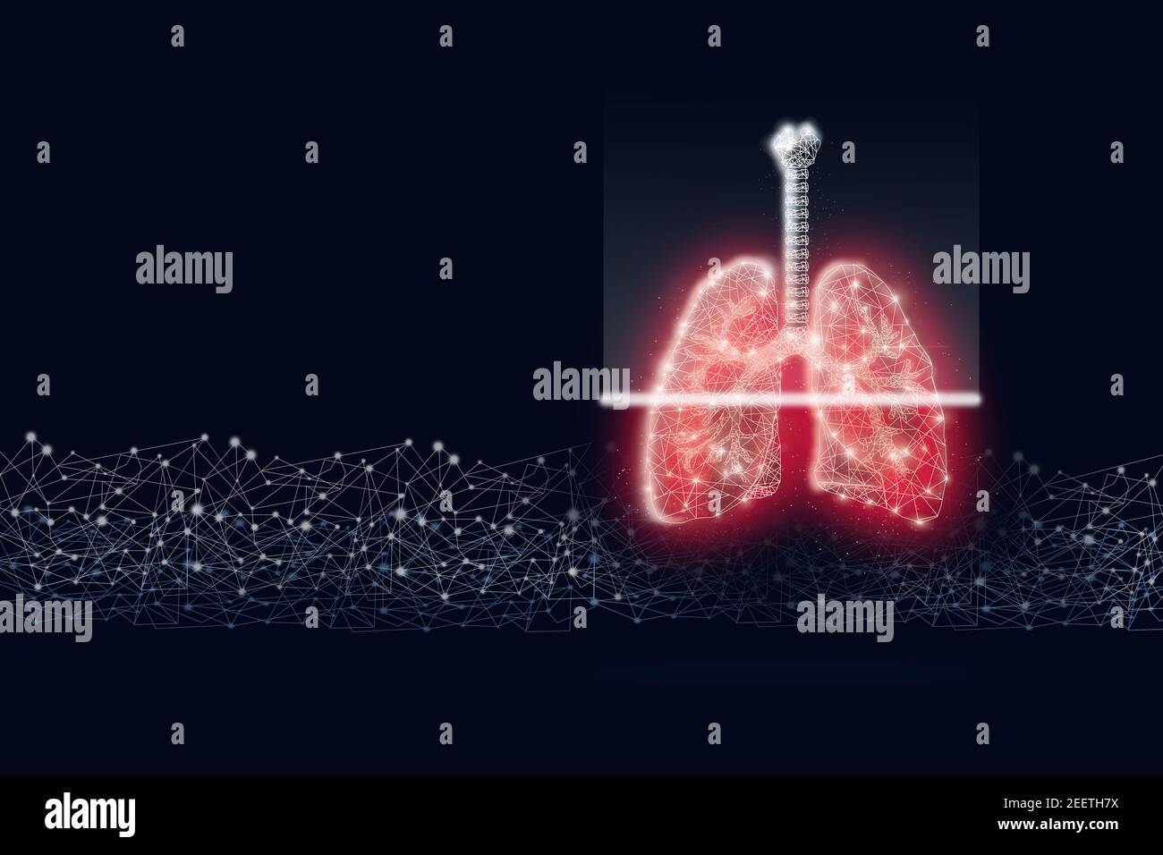 Covid-19. Scansione dei polmoni umani su sfondo blu scuro. Malattia di SARS, coronavirus nel polmone. Struttura a reticolo in polietilene a basso contenuto. Giornata mondiale della tubercolosi Foto Stock