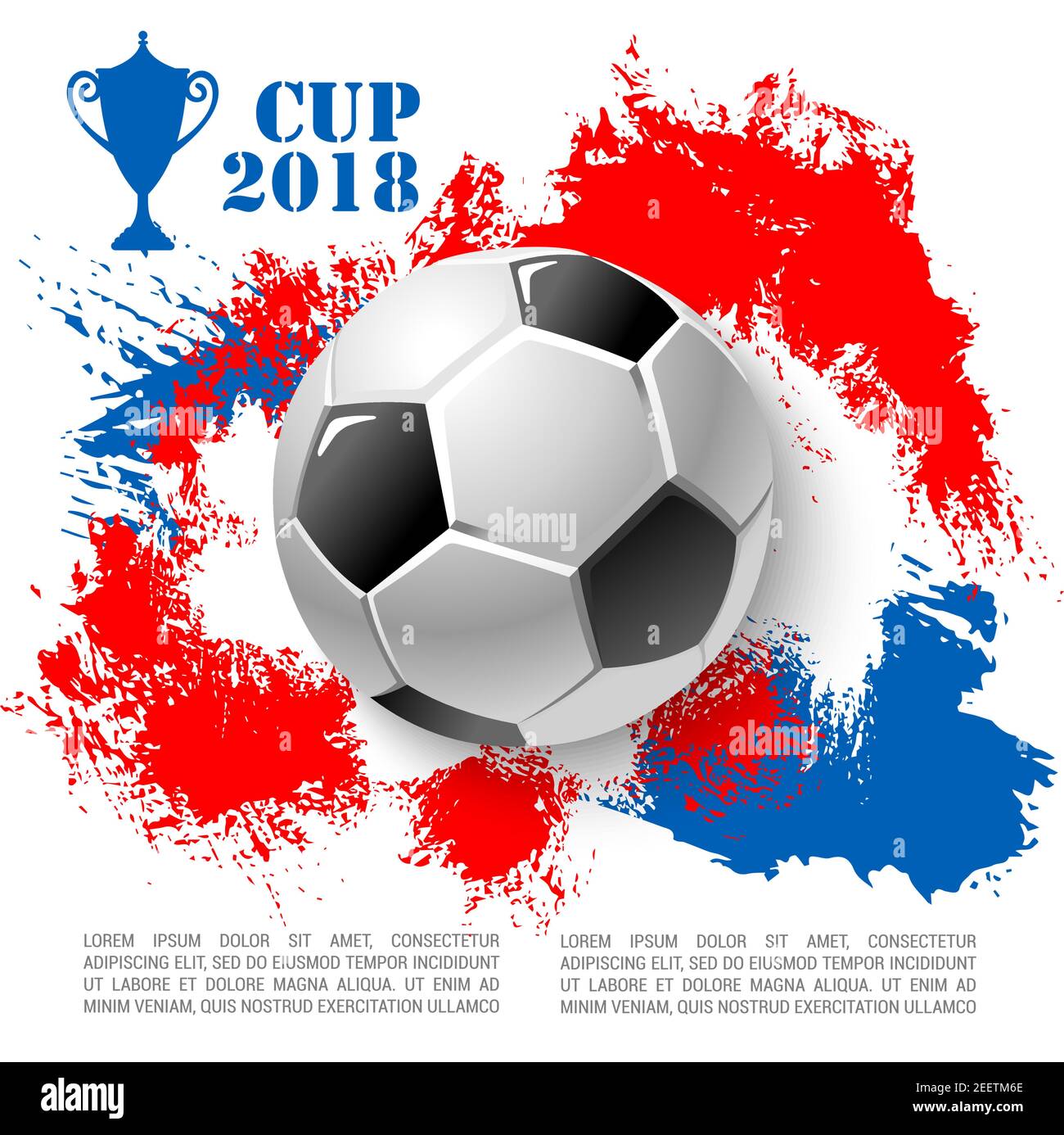 Coppa di calcio 2018 poster del modello di banner design. Vector 3D pallone  da calcio che vola verso i cancelli di gol e spruzzi di colore rosso o blu  per il mondo