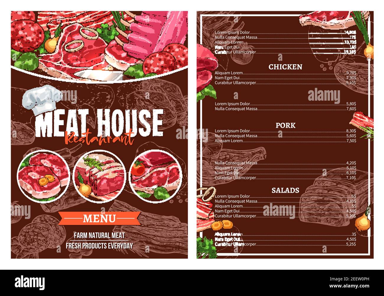 Carta per menu barbecue a base di carne per il modello di brochure del  ristorante. Grigliate manzo e carne di maiale, salsiccia al barbecue,  agnello, pancetta, pollo, sidro di vitello e costolette