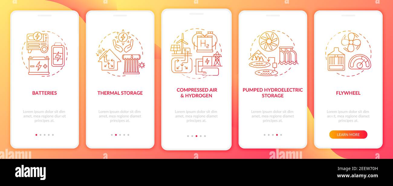 Schermata della pagina delle app mobili di onboarding per lo stoccaggio del volano con i concetti Illustrazione Vettoriale