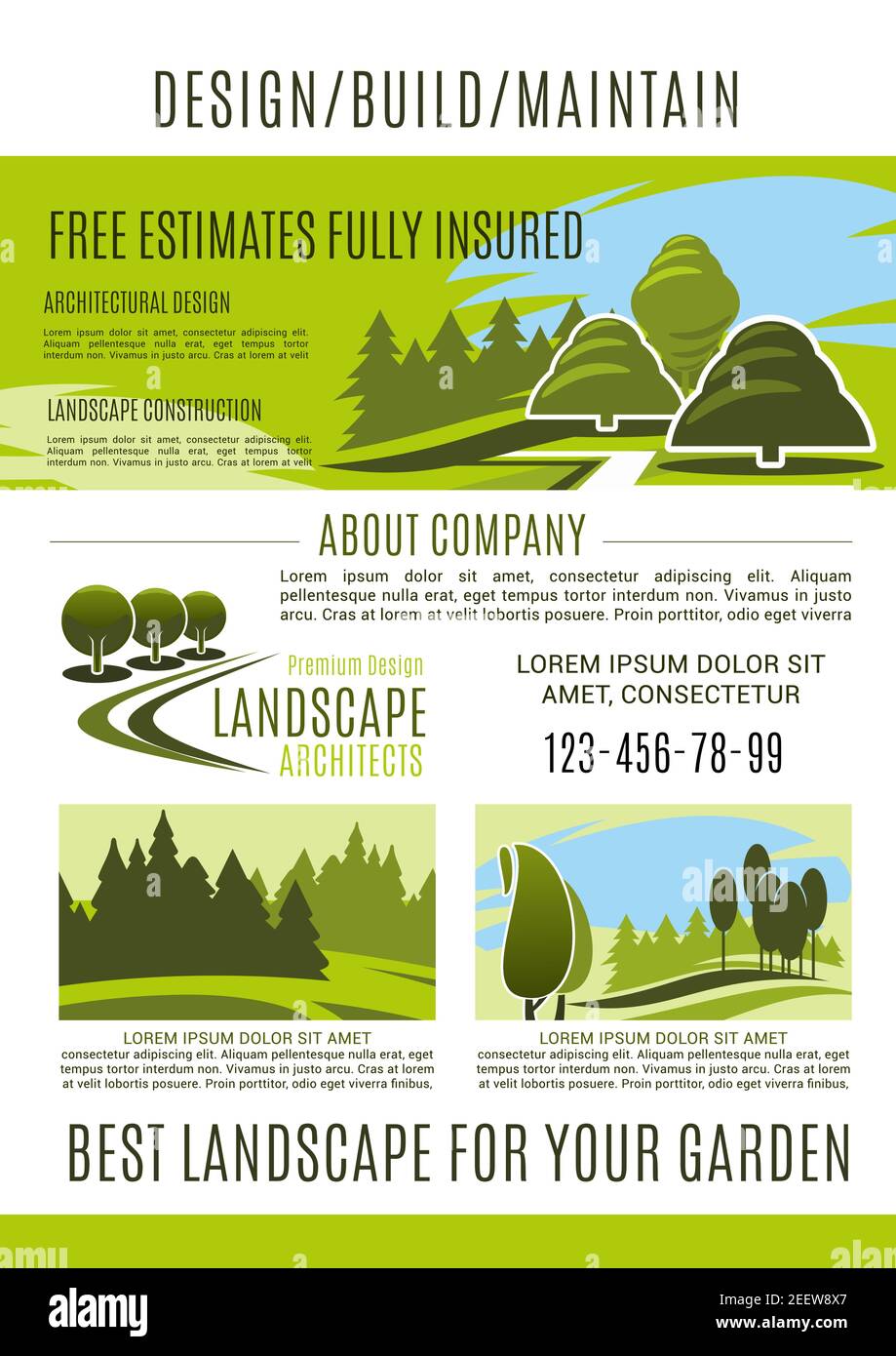 Modello di banner aziendale di architettura paesaggistica. Studio di progettazione paesaggistica e servizio di giardinaggio poster pubblicitario con paesaggio verde natura di decorazione Illustrazione Vettoriale