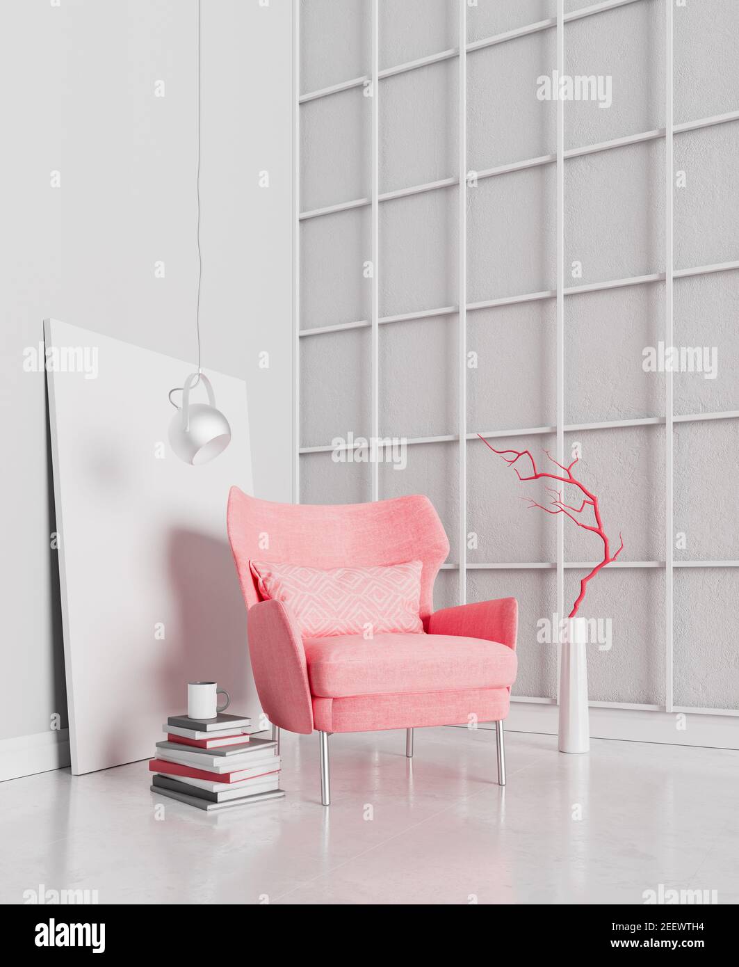 Pareti bianche in cemento con mobili rossi moderni, interni dal design minimalista, rendering 3d, illustrazione 3d Foto Stock