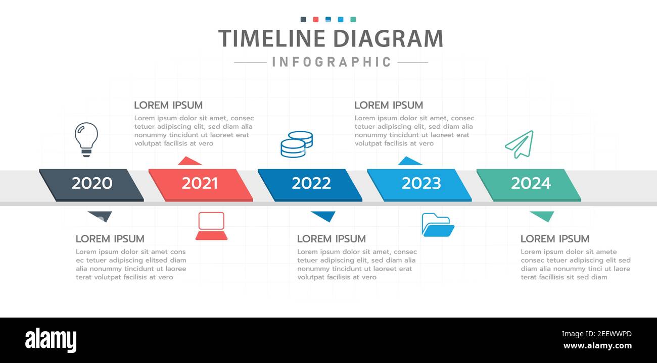 Modello infografico per le aziende. Diagramma cronologico moderno a 5 fasi con roadmap e infografica vettoriale di presentazione. Illustrazione Vettoriale