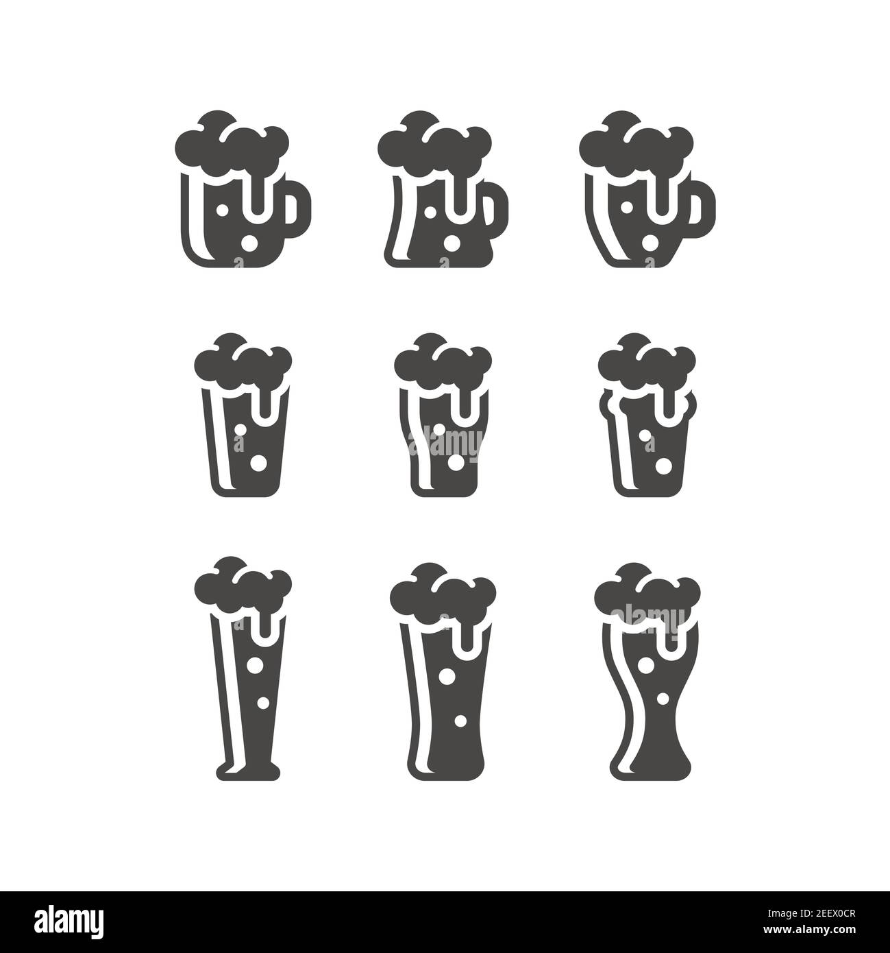 Tipi di bicchieri da birra insieme di icone vettoriali nere. Icone di tazza, pinta, vetro pilsner. Illustrazione Vettoriale