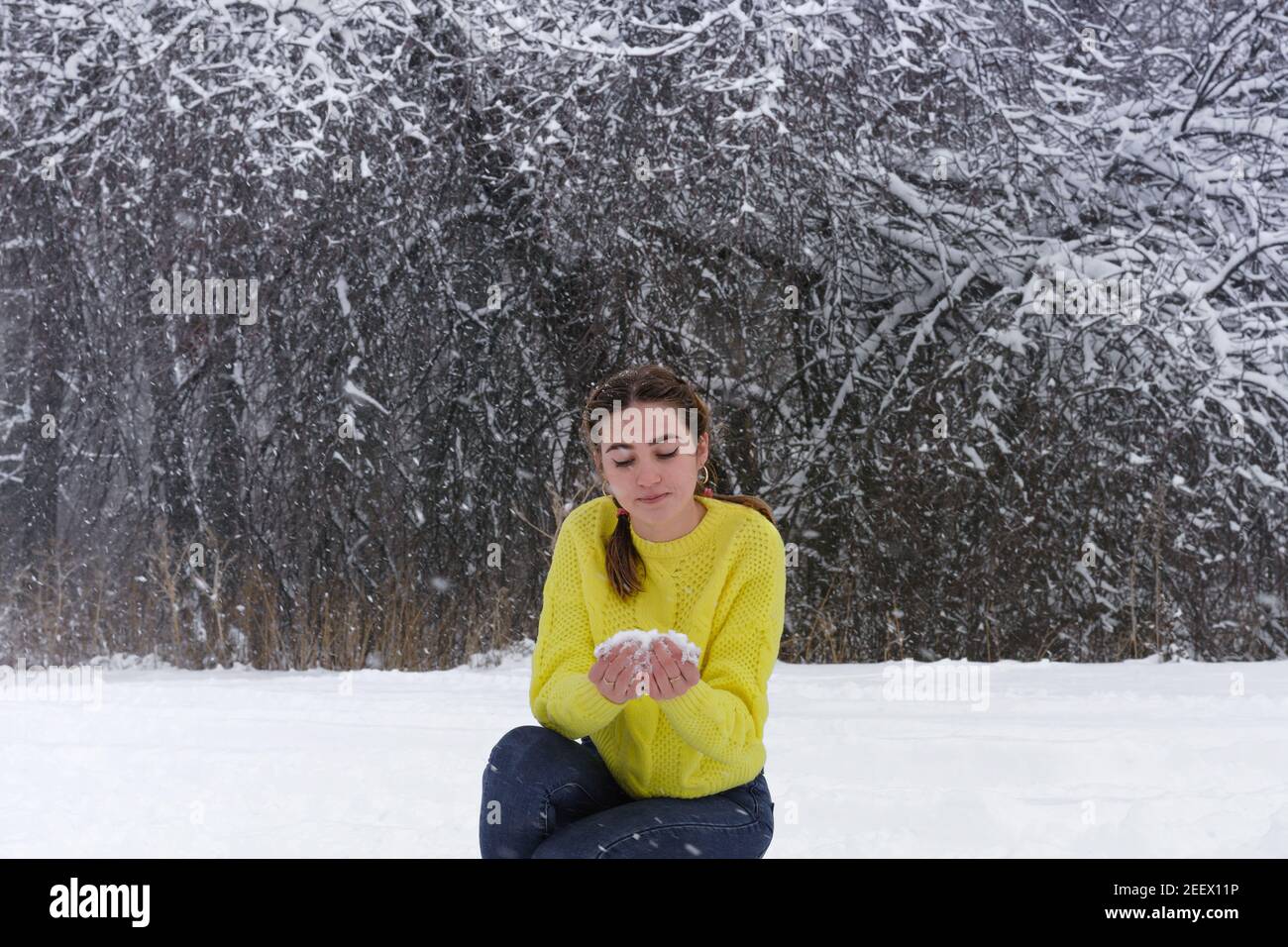 Giovane bella donna in inverno in giallo brillante maglione tiene la neve in mano e la guarda. Signora nella foresta innevata per una passeggiata. Foto Stock Giovane bella donna in inverno in giallo brillante maglione tiene la neve in mano e la guarda. Signora nella foresta innevata per una passeggiata. Foto Stock