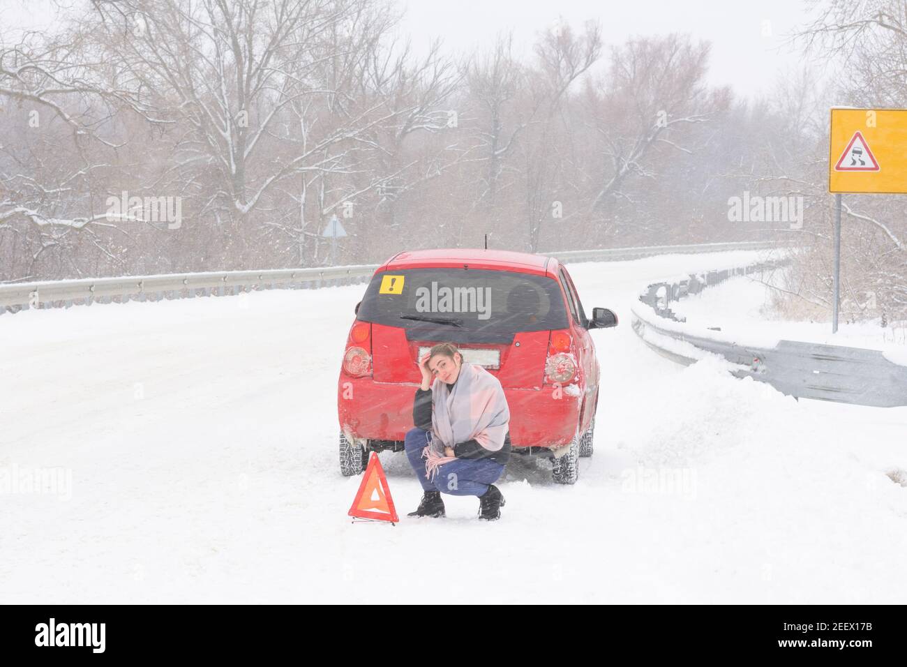 Guasto dell'auto in caso di nevicate in condizioni meteorologiche avverse. Donna si siede vicino a un segnale di arresto di emergenza in neve in inverno. Pericolo di guida in inverno. Foto Stock