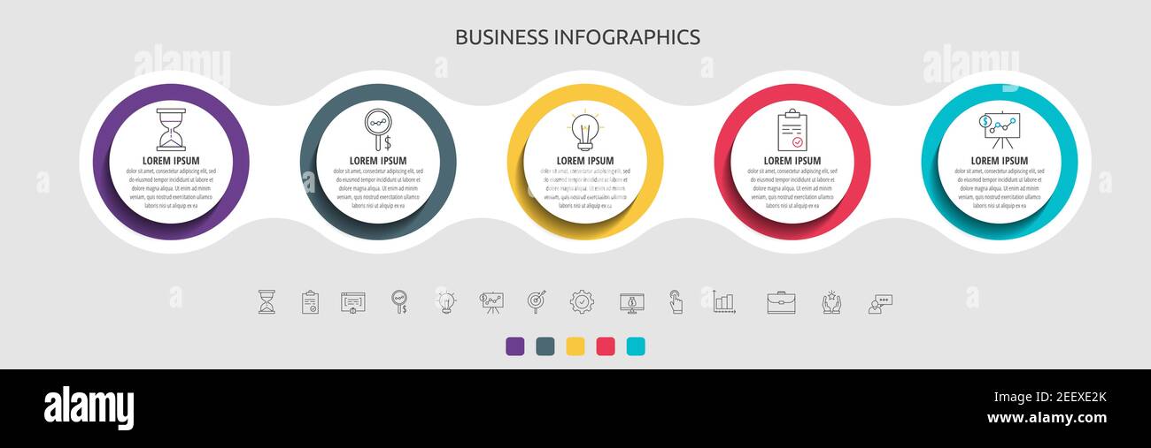 Cerchi infografici di business vector per cinque etichette, diagrammi, grafici, presentazioni. Concetto con 5 opzioni utilizzate con contenuto, diagramma di flusso, fasi, tempo Illustrazione Vettoriale