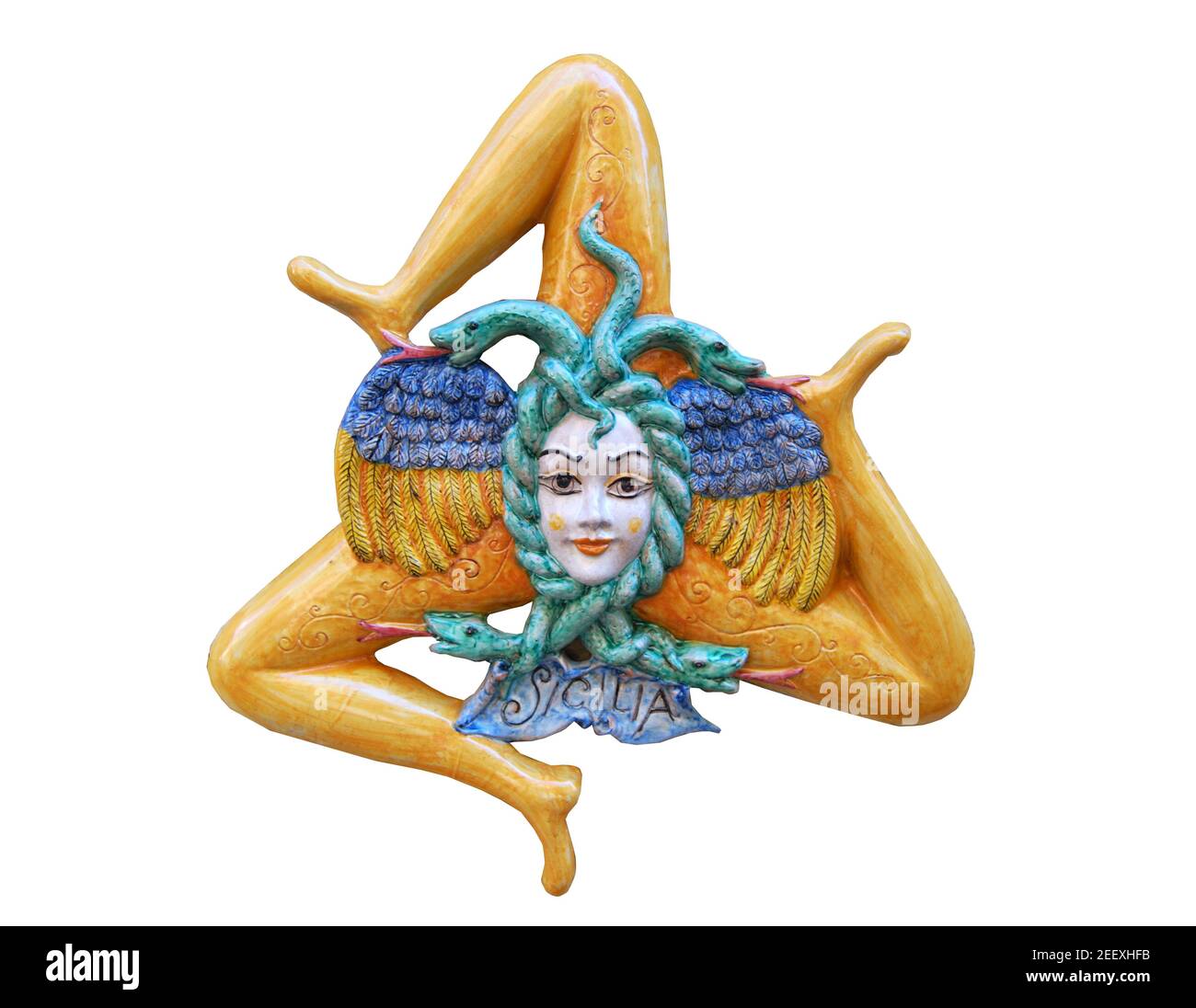 Trinakria ceramica simbolo sulla parete, Taormina, Provincia di Messina, Sicilia, Italia Foto Stock