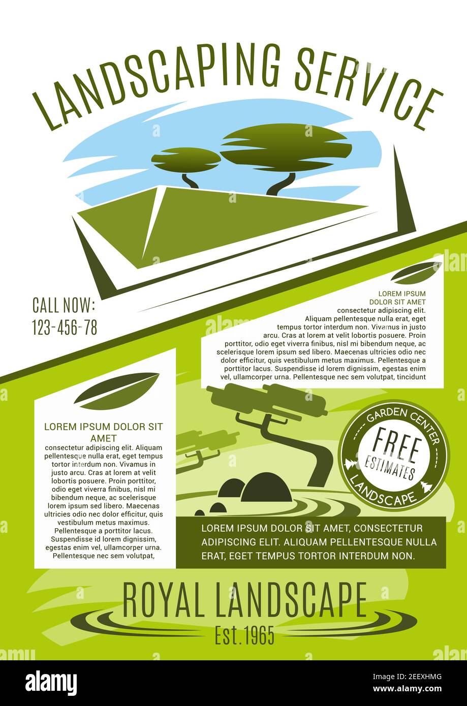 Modello di banner aziendale per il servizio di architettura paesaggistica con albero verde e impianto. Azienda di architettura paesaggistica poster pubblicitari per il design paesaggistico, parco A. Illustrazione Vettoriale