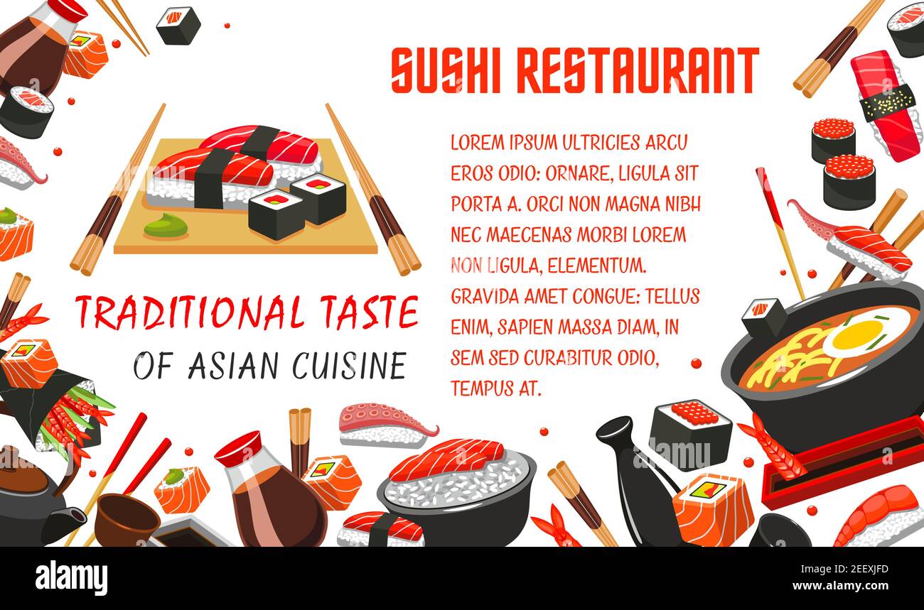 Ristorante giapponese sushi banner di cucina asiatica tradizionale. Sushi roll con pesce salmone, riso di pesce, nigiri sushi con tonno, gamberi e alghe, cho Illustrazione Vettoriale