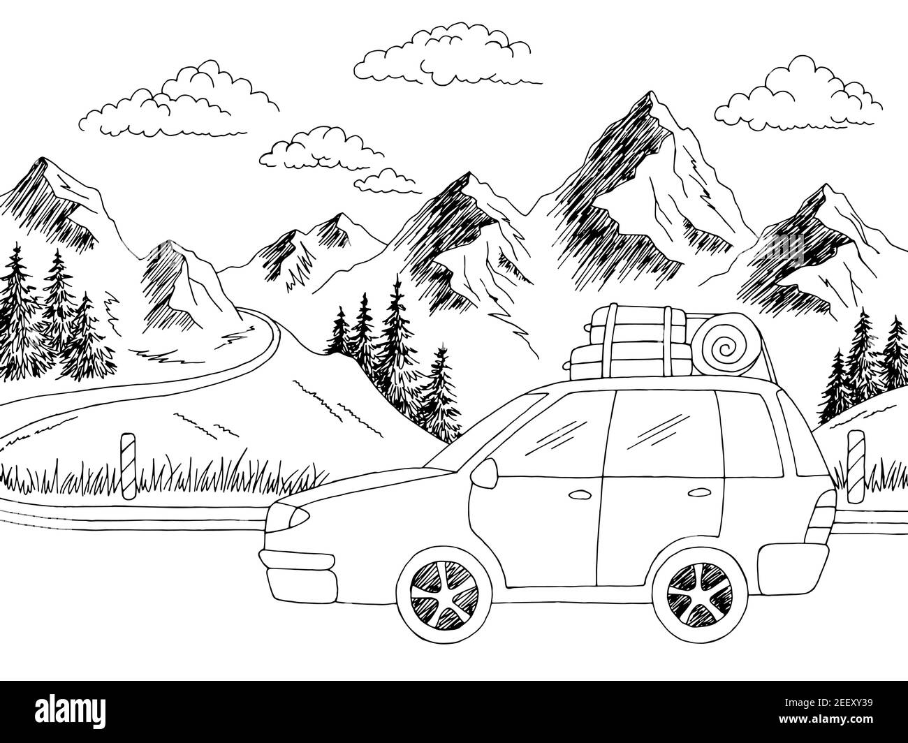 Auto viaggio strada grafica nero bianco disegno paesaggio illustrazione vettore Illustrazione Vettoriale