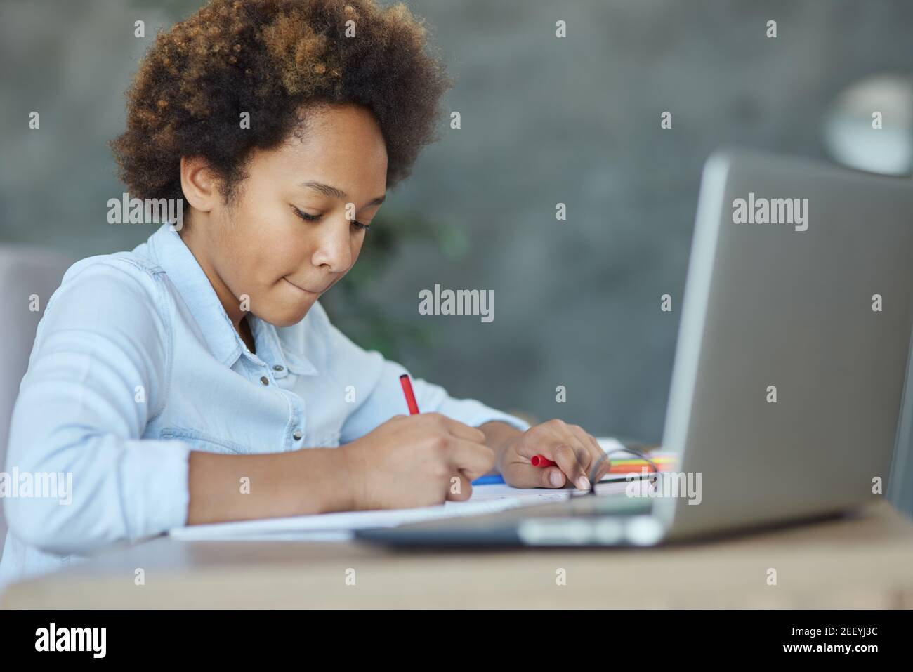 Ulteriori informazioni. Ritratto di studentessa teenager che usa i marcatori mentre fa il suo lavoro con il computer portatile a casa Foto Stock
