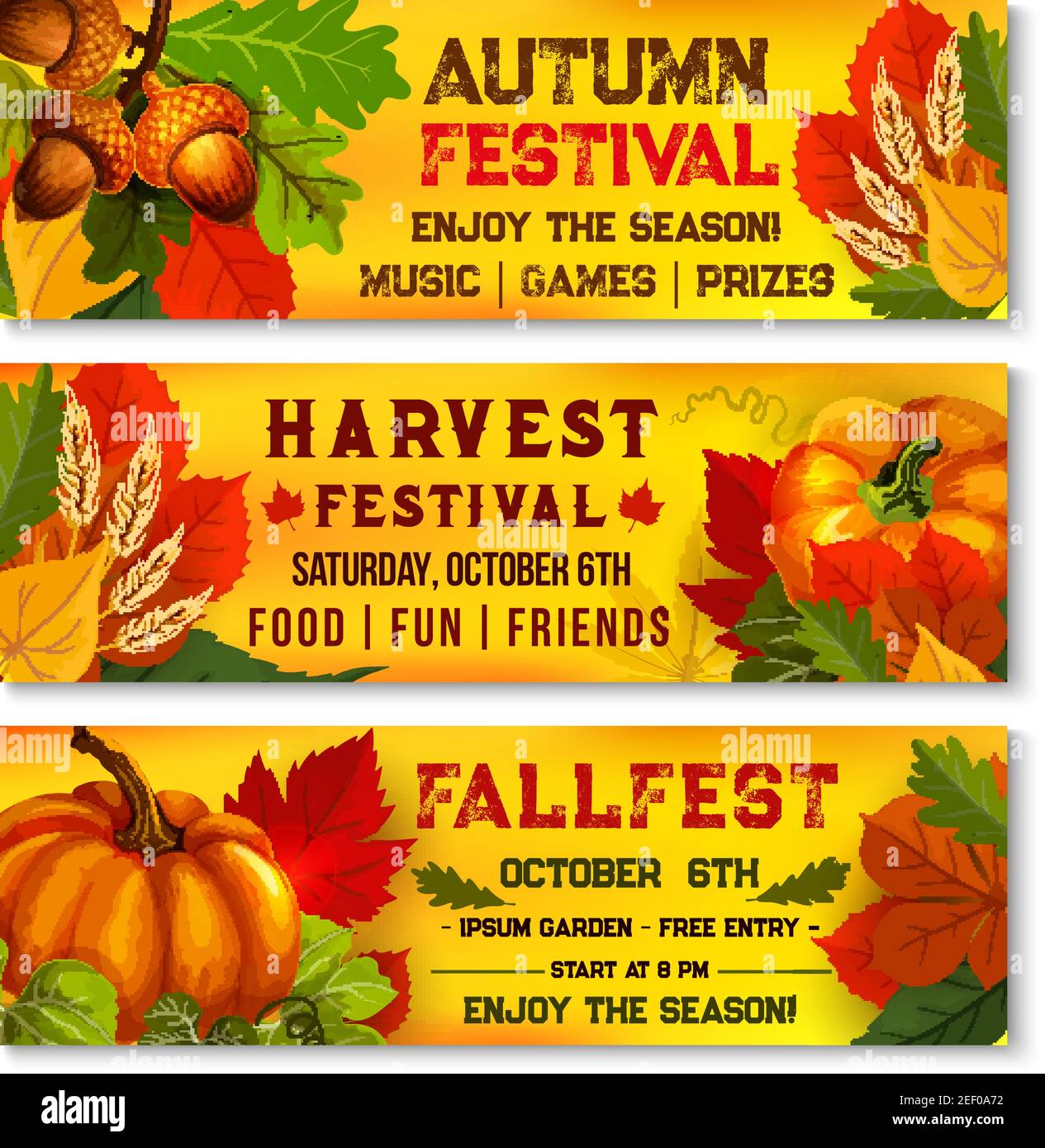 Banner del festival autunnale Harvest per il festival della musica dal vivo o un evento stagionale all'aperto per picnic in autunno a ottobre. Vector design Set di acero autunnale, acorno di quercia e ro Illustrazione Vettoriale