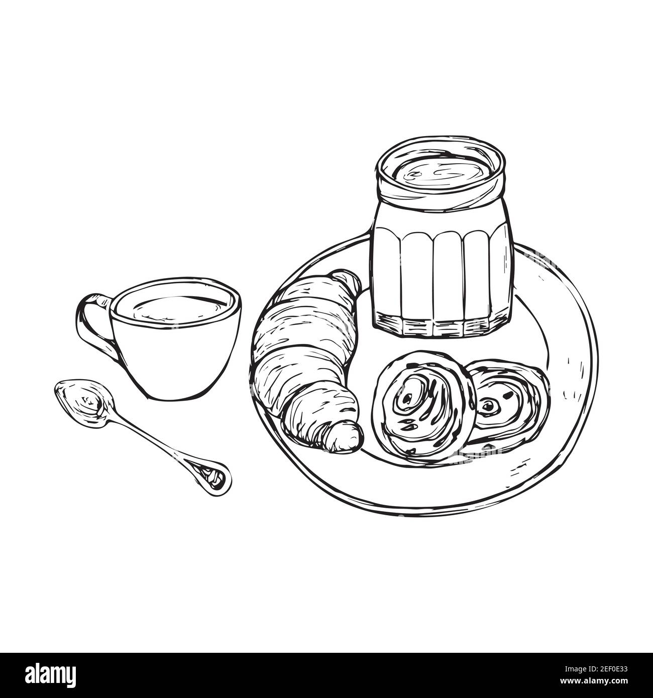 Croissant e panini su un piatto e un vasetto di marmellata. Illustrazione dolce dello schizzo Illustrazione Vettoriale