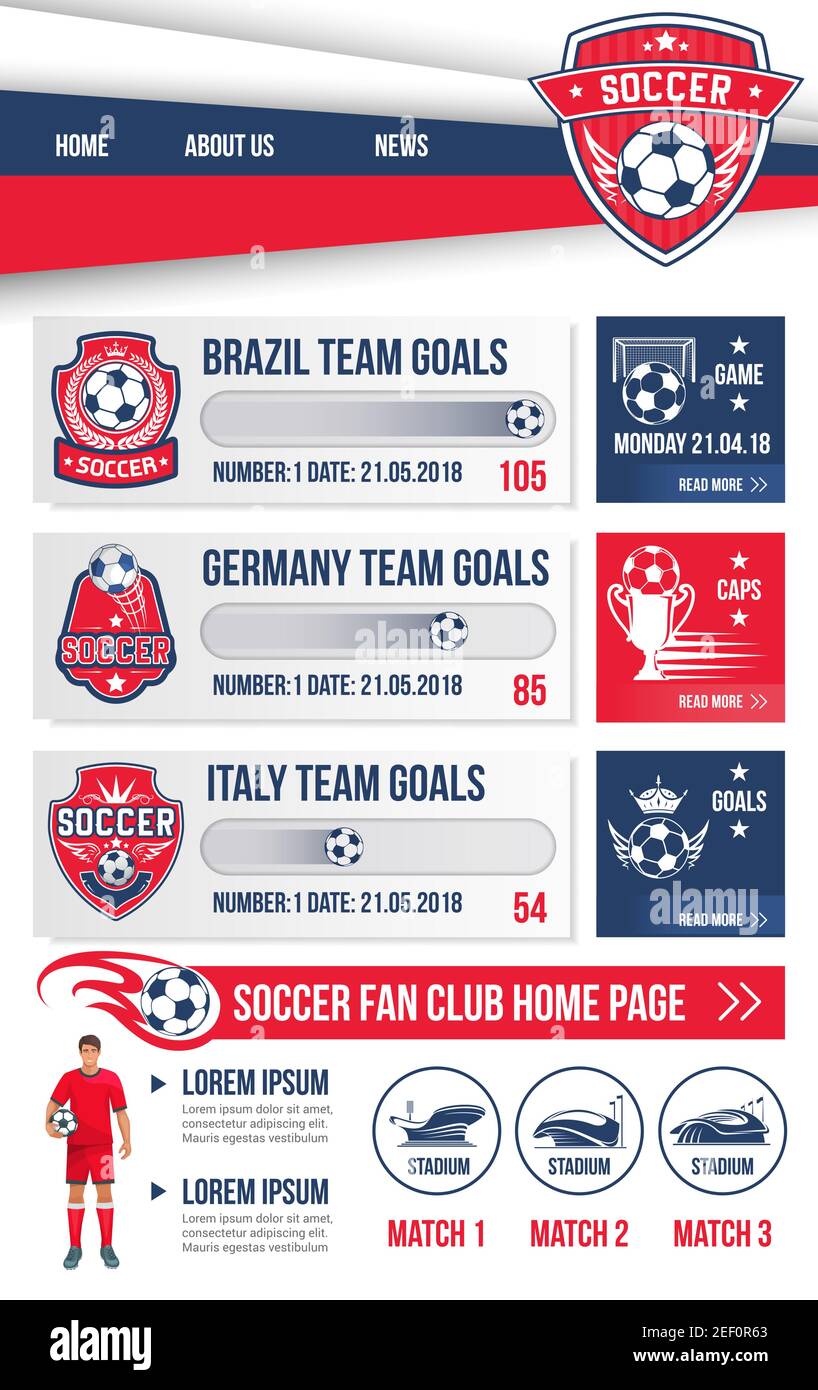 Modello di progettazione del sito Web della squadra di calcio o della squadra di calcio. Pulsanti vettoriali per il campionato di calcio o la coppa di calcio internazionale Illustrazione Vettoriale
