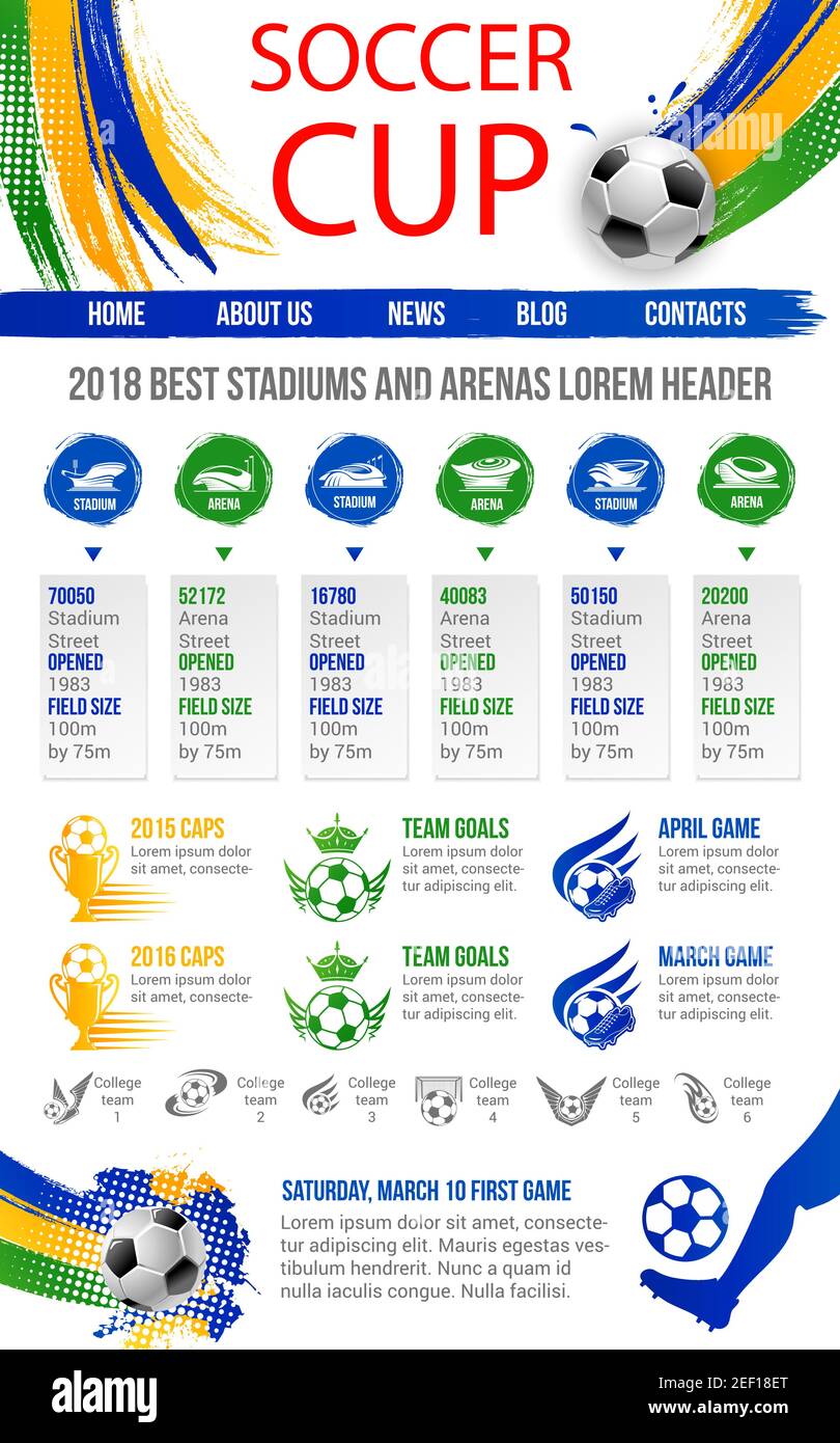 Calcio coppa o gioco di calcio sport sito web o landing page template design. Menu intestazioni vettoriali per le dimensioni del campo dell'arena, gli obiettivi della squadra di campionato Illustrazione Vettoriale