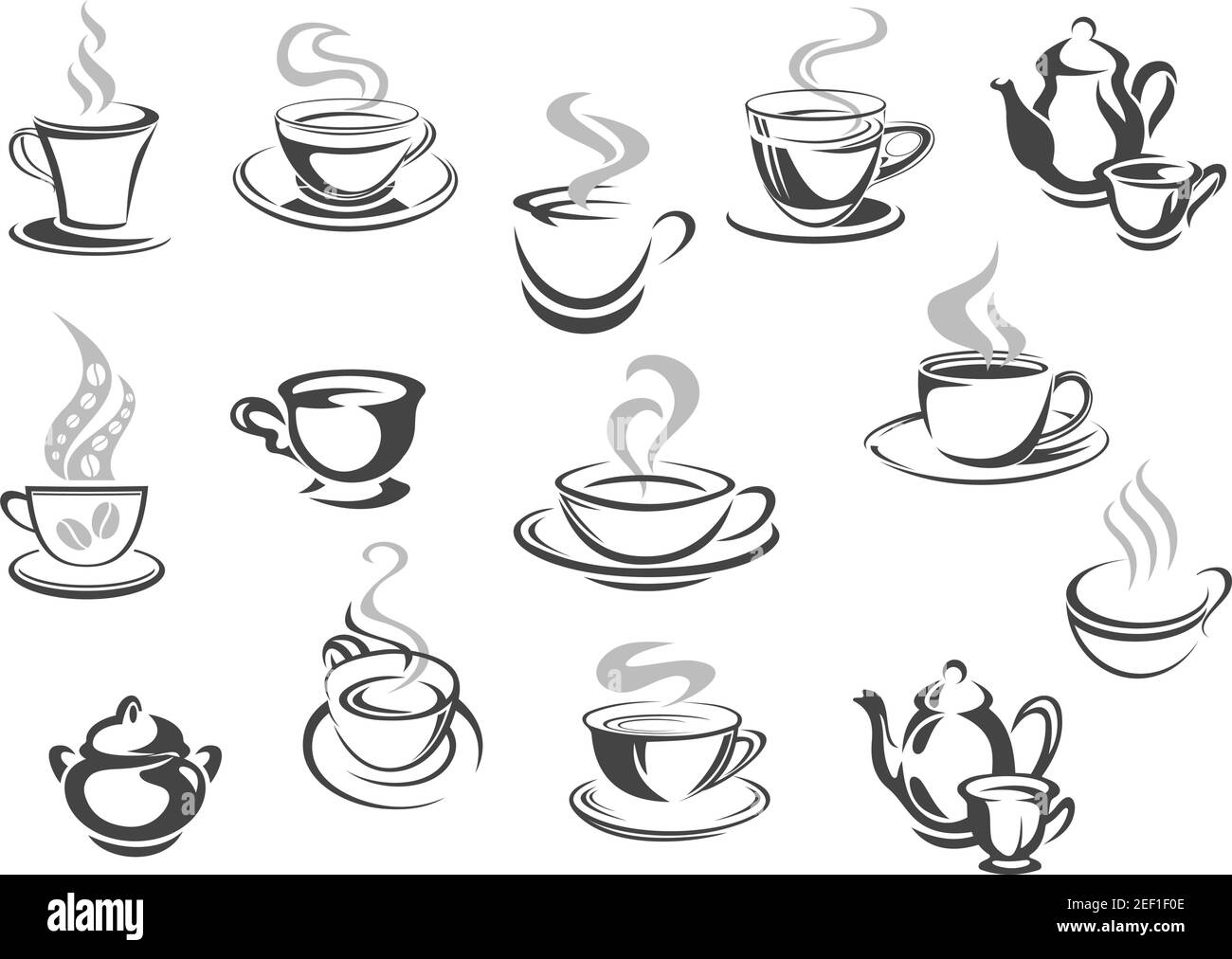 Icone di caffè e tè per il menu di caffè o caffetteria. Set vettoriale di espresso caldo forte, tazza da tè verde o nero e pentola o bollitore. Latte macchiato o. Illustrazione Vettoriale Icone di caffè e tè per il menu di caffè o caffetteria. Set vettoriale di espresso caldo forte, tazza da tè verde o nero e pentola o bollitore. Latte macchiato o. Illustrazione Vettoriale