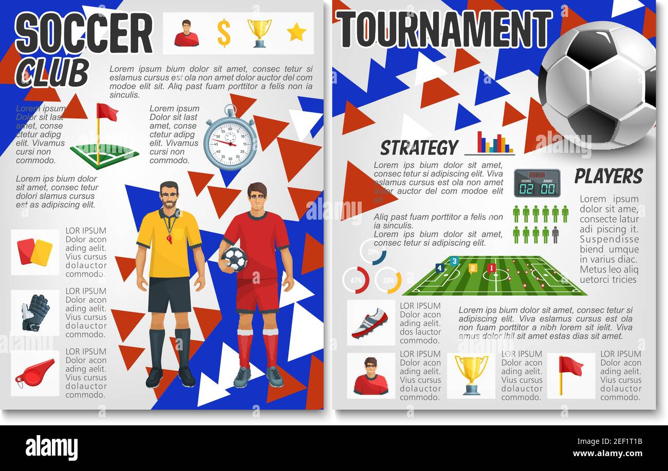 Modello di progettazione di una brochure di strategia per il torneo di calcio o di calcio. Vector football sport squadra giocatori, palla e gol sullo stadio arena con gol Illustrazione Vettoriale