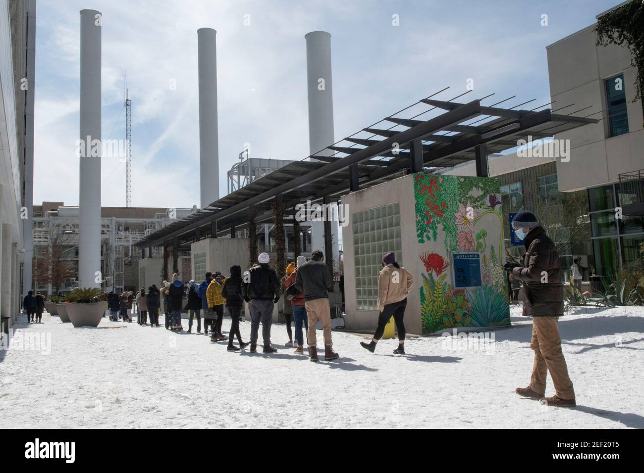 Austin, Texas, 16 febbraio 2021: I residenti di Austin in zona nevicata si allineano per fare acquisti presso un negozio di alimentari Trader Joe nel quartiere alla moda di Seaholm, mentre il Texas fatica a riprendersi da una tempesta di neve storica e dalle brutali temperature fredde. Molte aziende saranno chiuse tutta la settimana a causa della tempesta. Credit: Bob Daemmrich/Alamy Live News Foto Stock