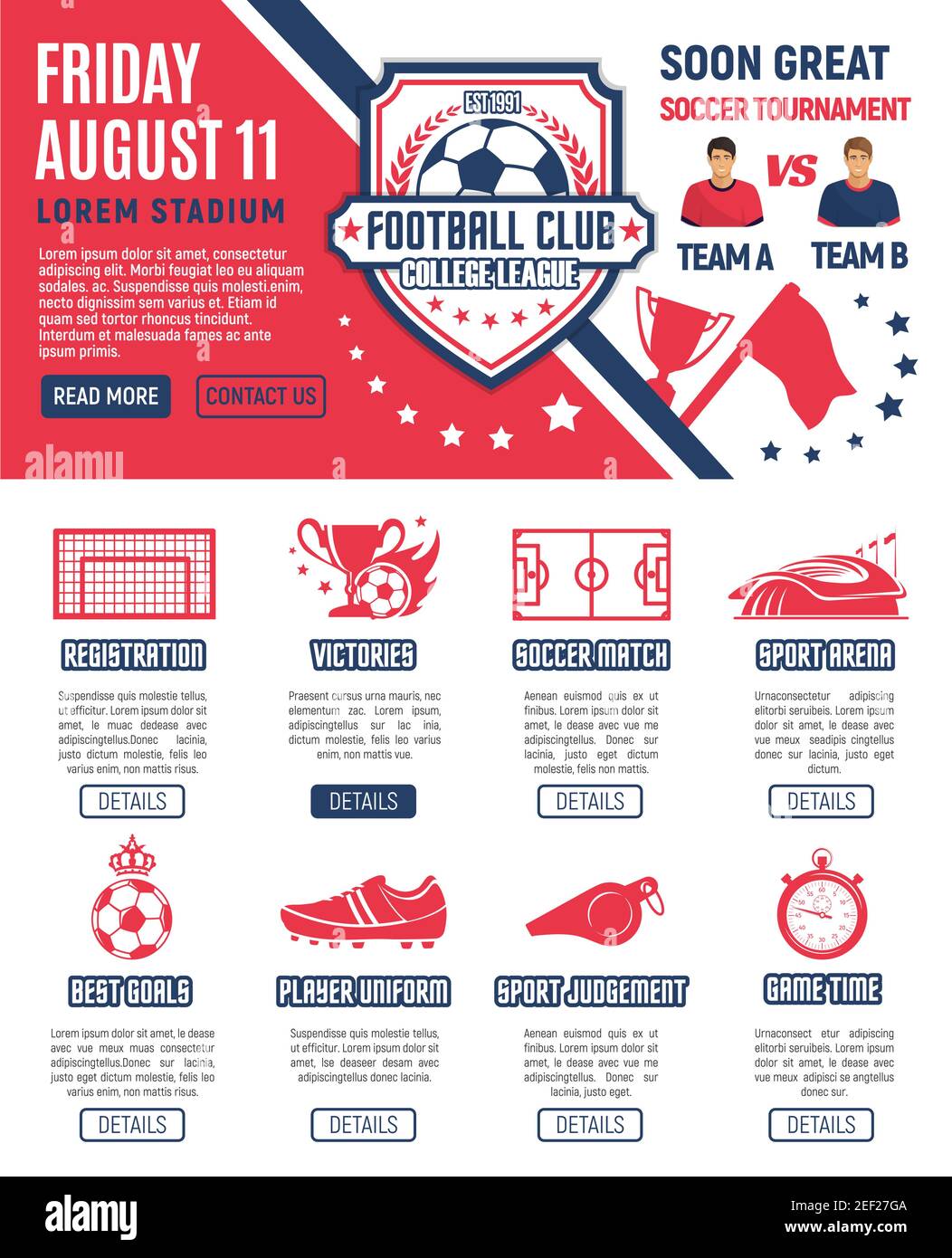 Sito Web del torneo di calcio o modello di progettazione della landing page per la squadra di calcio o la lega. Pulsanti vettoriali per il campionato di calcio o l'internation Illustrazione Vettoriale