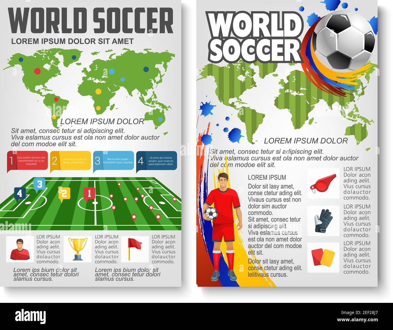 Modello di progettazione della brochure di informazioni sul campionato  mondiale di calcio o di calcio. Vector calcio palla risultati obiettivo e  campione giocatore di calcio Immagine e Vettoriale - Alamy