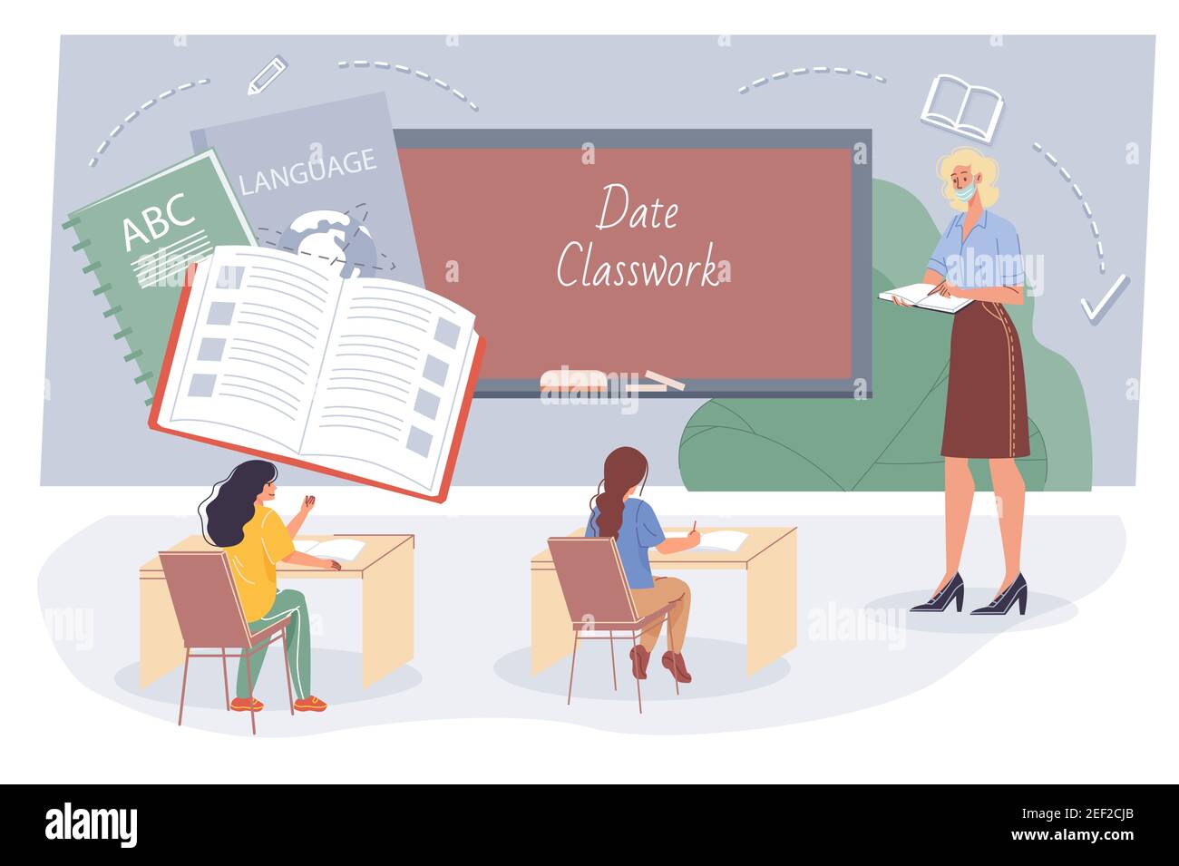 Cartoni animati piatti studenti e insegnante, offline formazione vettore illustrazione concetto Illustrazione Vettoriale