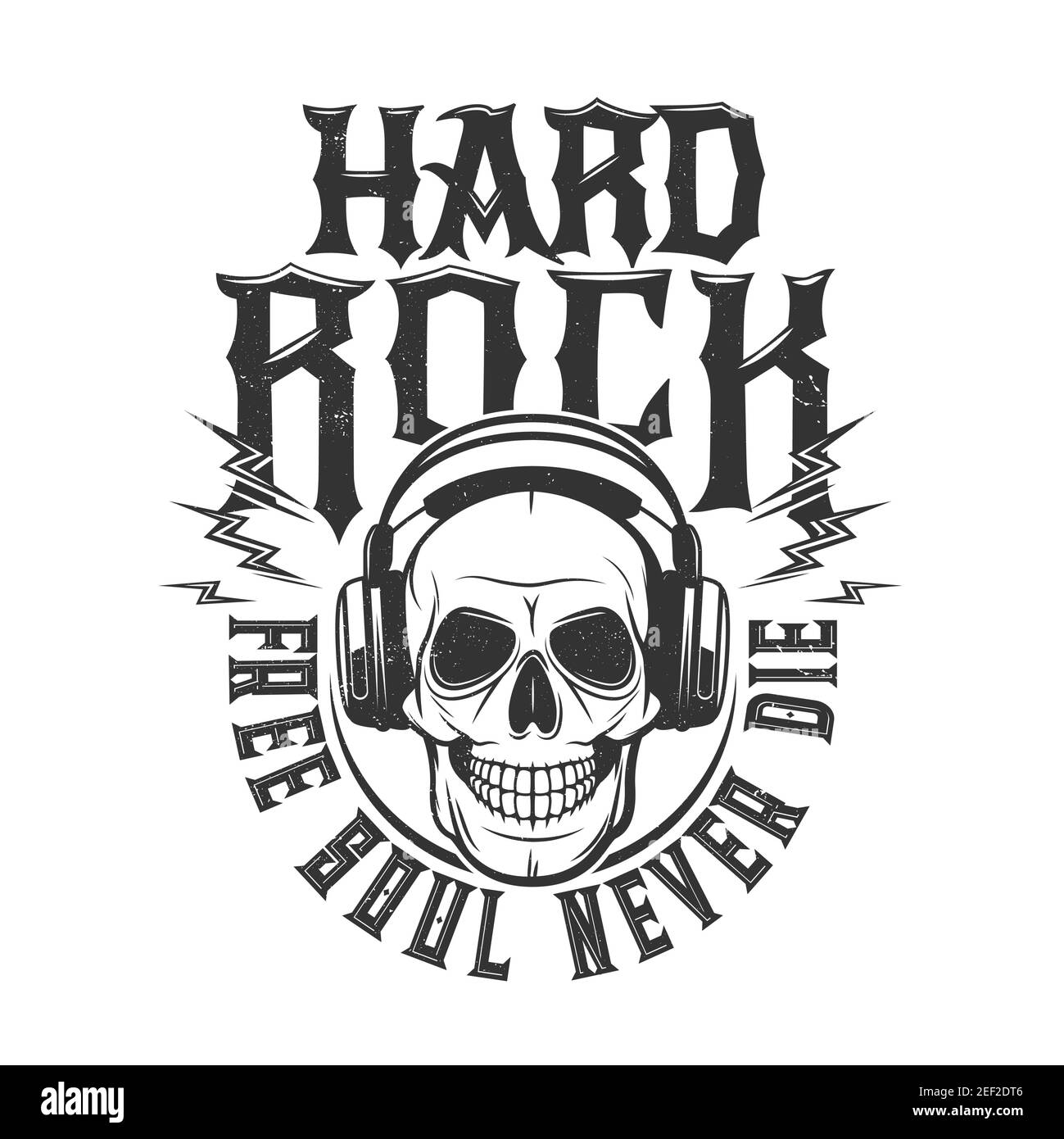 TShirt stampa cranio indossare cuffie ascoltare musica, mascotte vettoriale  per il design di abbigliamento. Stampa T-shirt per hard rock club. Emblema  con tipografia per rock conc Immagine e Vettoriale - Alamy