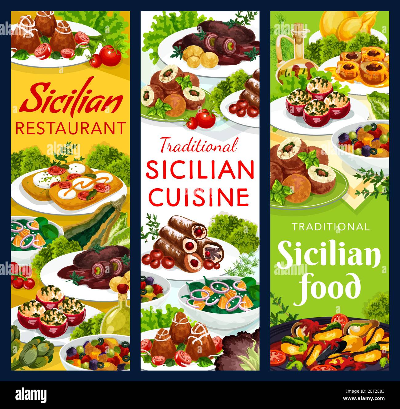 Vettore alimentare siciliano pomodori ripieni, caciovallo, cozze e scaccia. Cannoli, caponata, costolette con salsa al pesto e arancini con ripieno di carne, rol Illustrazione Vettoriale