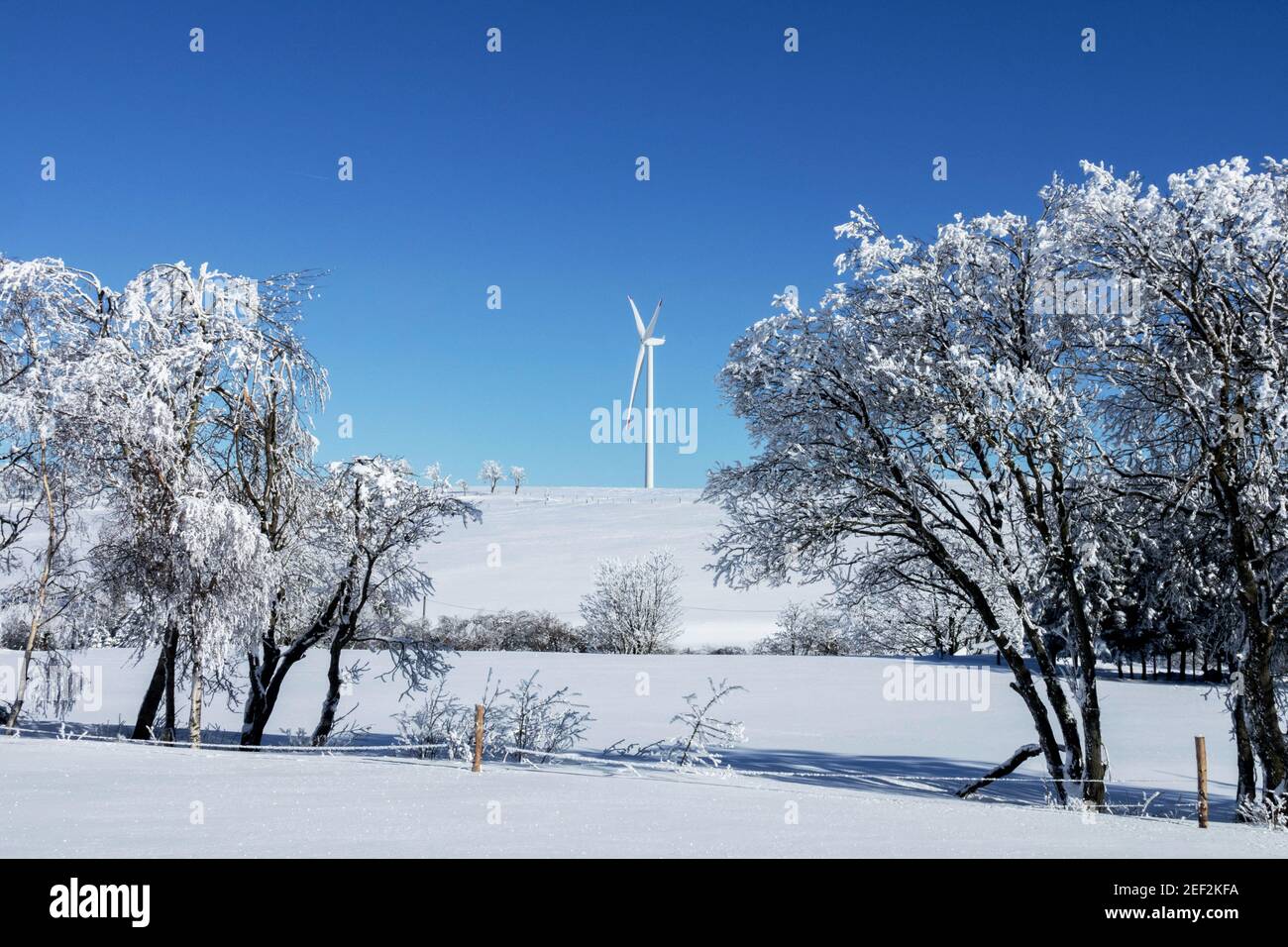 Paesaggio invernale, una turbina eolica nella campagna innevata, energia alternativa invernale Foto Stock