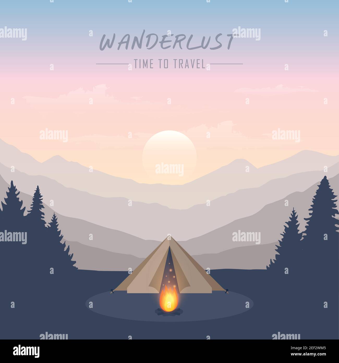 wanderlust campeggio avventura nella tenda selvaggia nella foresta In montagna paesaggio vettore illustrazione EPS10 Illustrazione Vettoriale