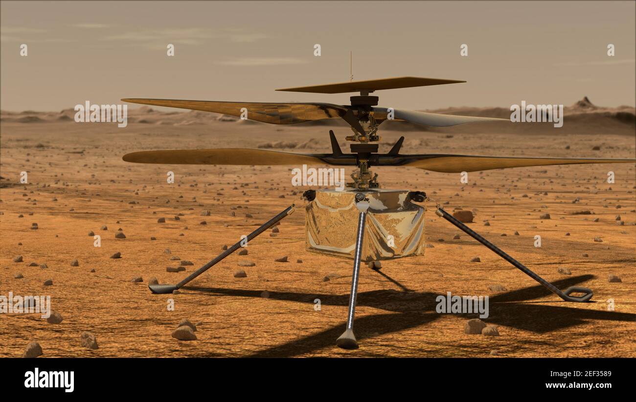 NASA. 16 febbraio 2021. Un'illustrazione dell'elicottero Ingenuity Mars su Marte della NASA, attualmente previsto per l'atterraggio il 18 febbraio 2021. L'entrata, la discesa e l'atterraggio, o 'EDL,' inizia quando la navicella spaziale raggiunge la cima dell'atmosfera marziana, viaggiando a circa 12,500 km/h (20,000 miglia/h). L'EDL termina circa sette minuti dopo l'entrata atmosferica, con una carta intestata di perseveranza sulla superficie marziana. Credit: UPI/Alamy Live News Foto Stock