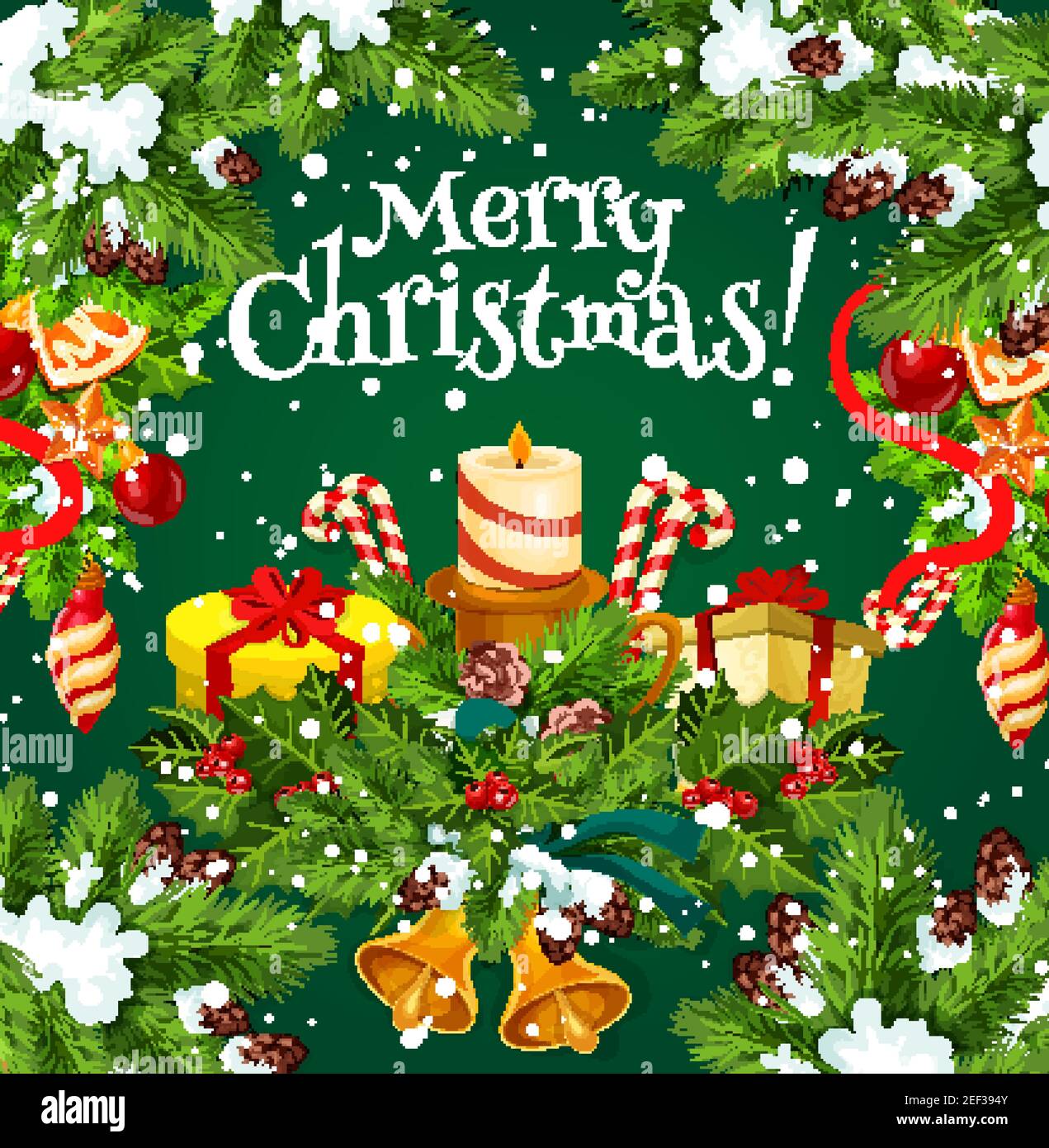 Buon augurio di Natale e biglietto d'auguri per la felice vacanza invernale. Vettore Babbo Natale regali e corona albero di Natale con campane d'oro, caramelle Illustrazione Vettoriale