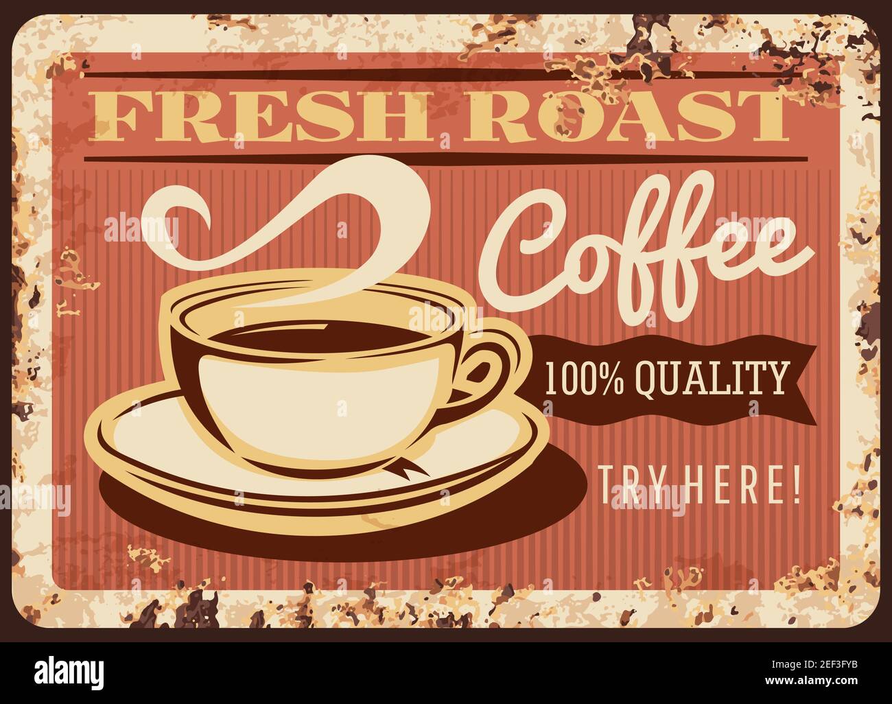 Tazzina per la cottura a vapore del caffè fresco arrosto con piastra metallica arrugginita. Poster promo retrò della caffetteria con tazza e vapore, teglia marrone per ruggine per bevande calde fresche Illustrazione Vettoriale