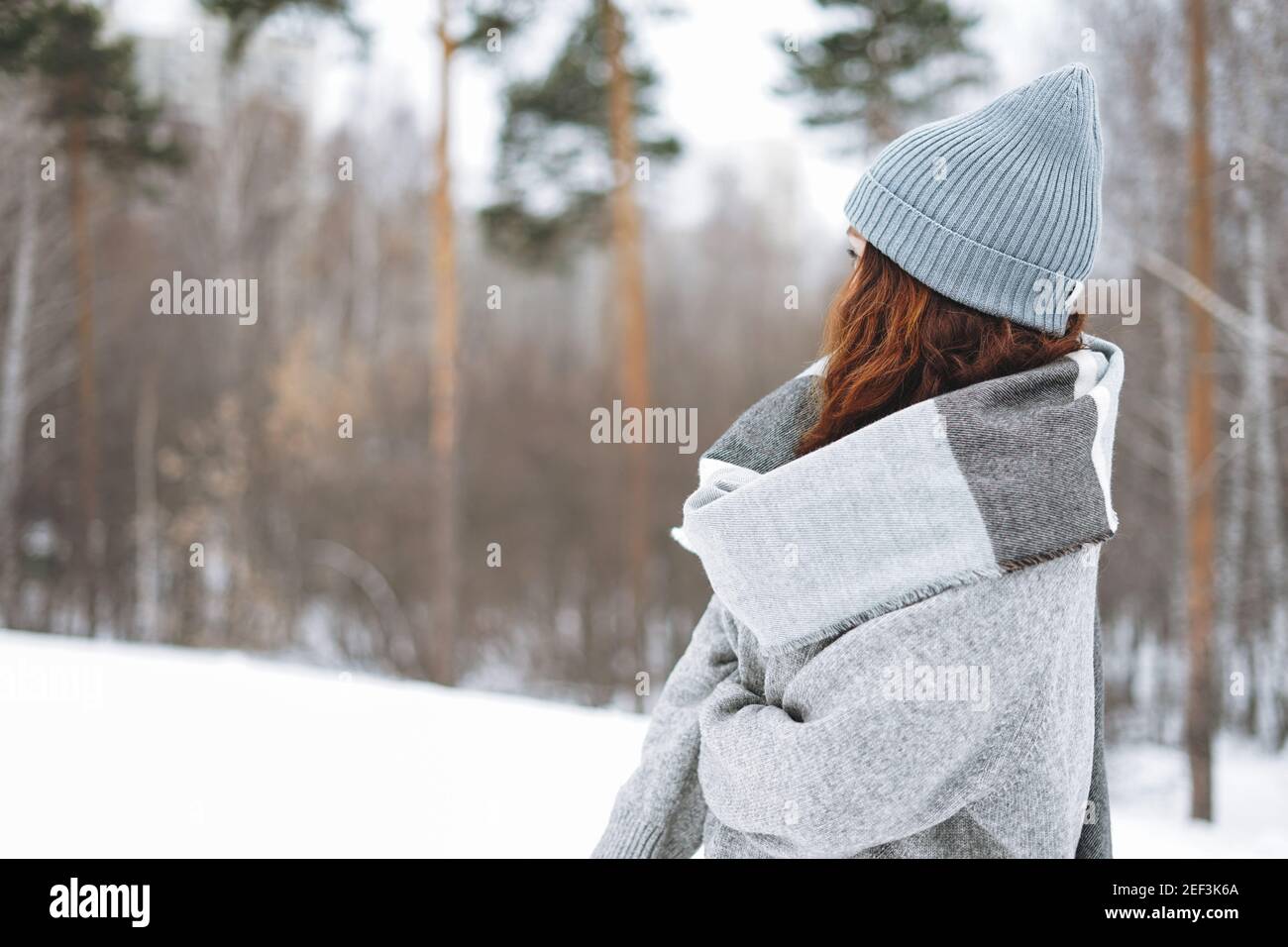 Giovane donna attraente in cappello a maglia e felpa grigia accogliente nel parco invernale Foto Stock