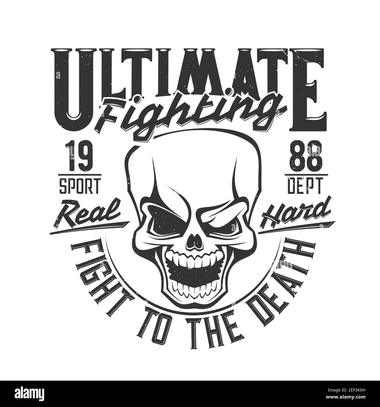 Fight club cranio t shirt stampa, pugilato o MMA wrestling vettore icona. Street fighting o boxer club emblema di cranio con pugno occhio pugno pugno o shiner, coscia Illustrazione Vettoriale